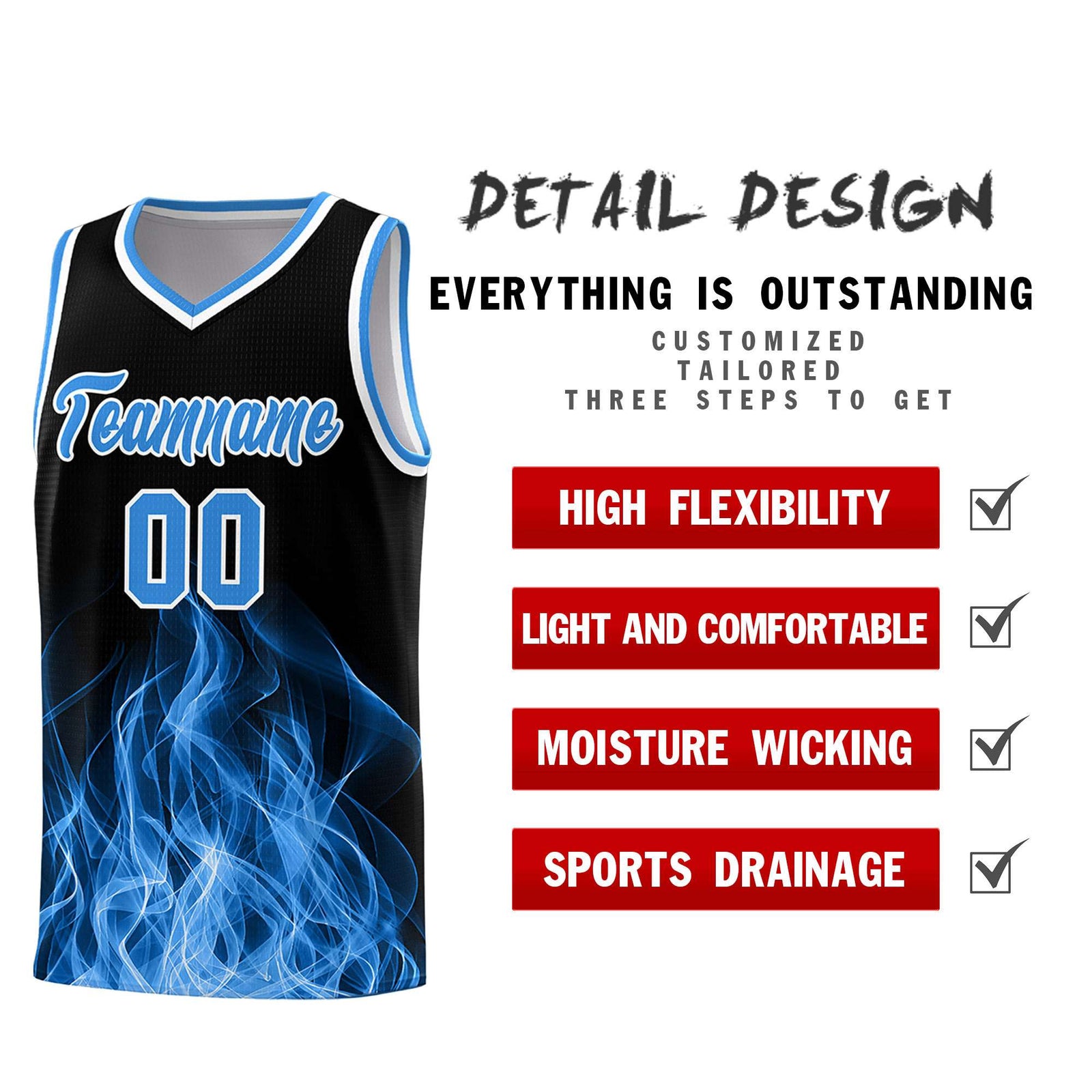 Custom Youth Basketball Jersey Black Light Blue Flame Design Unique Team Uniform Set