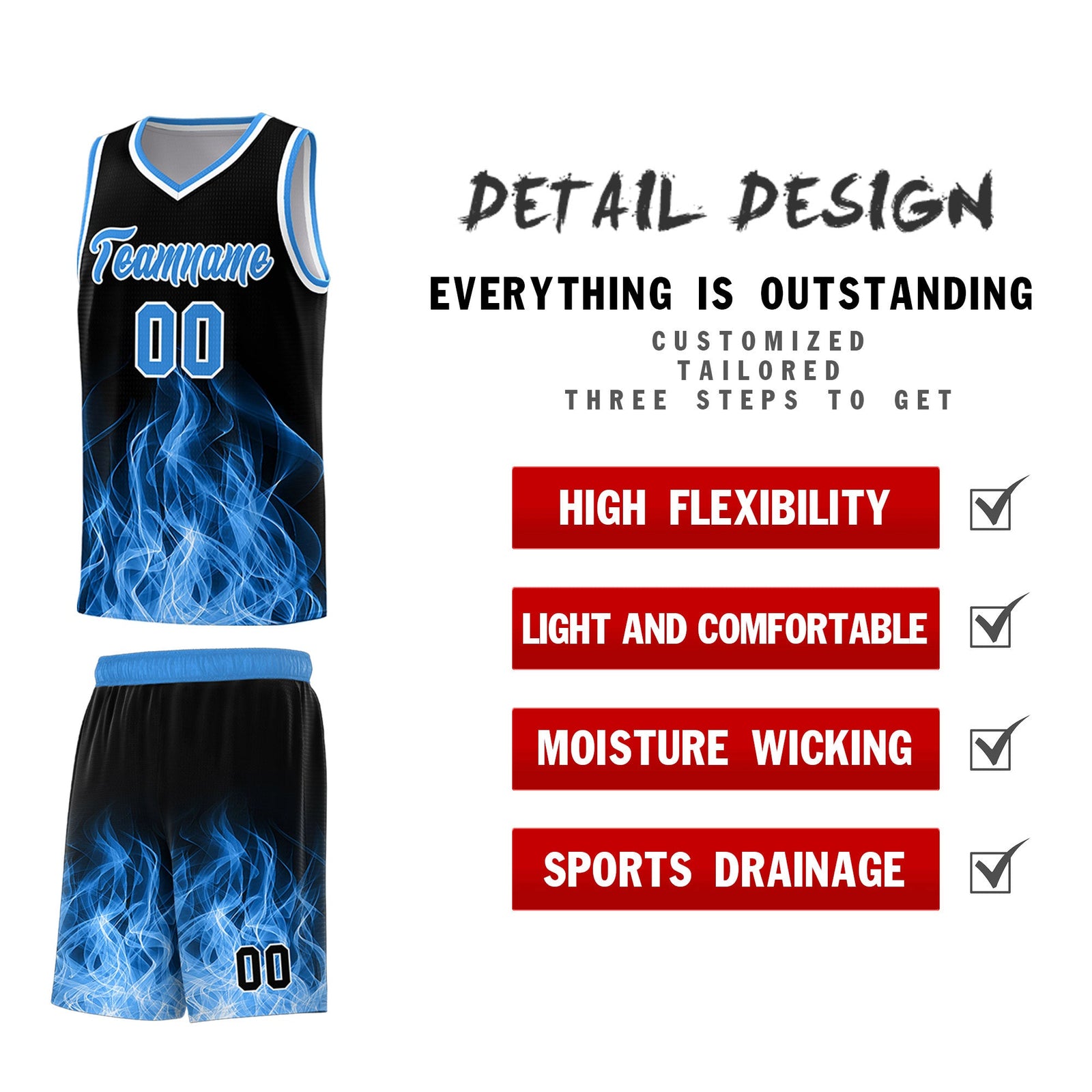 Custom Youth Basketball Jersey Black Light Blue Flame Design Unique Team Uniform Set