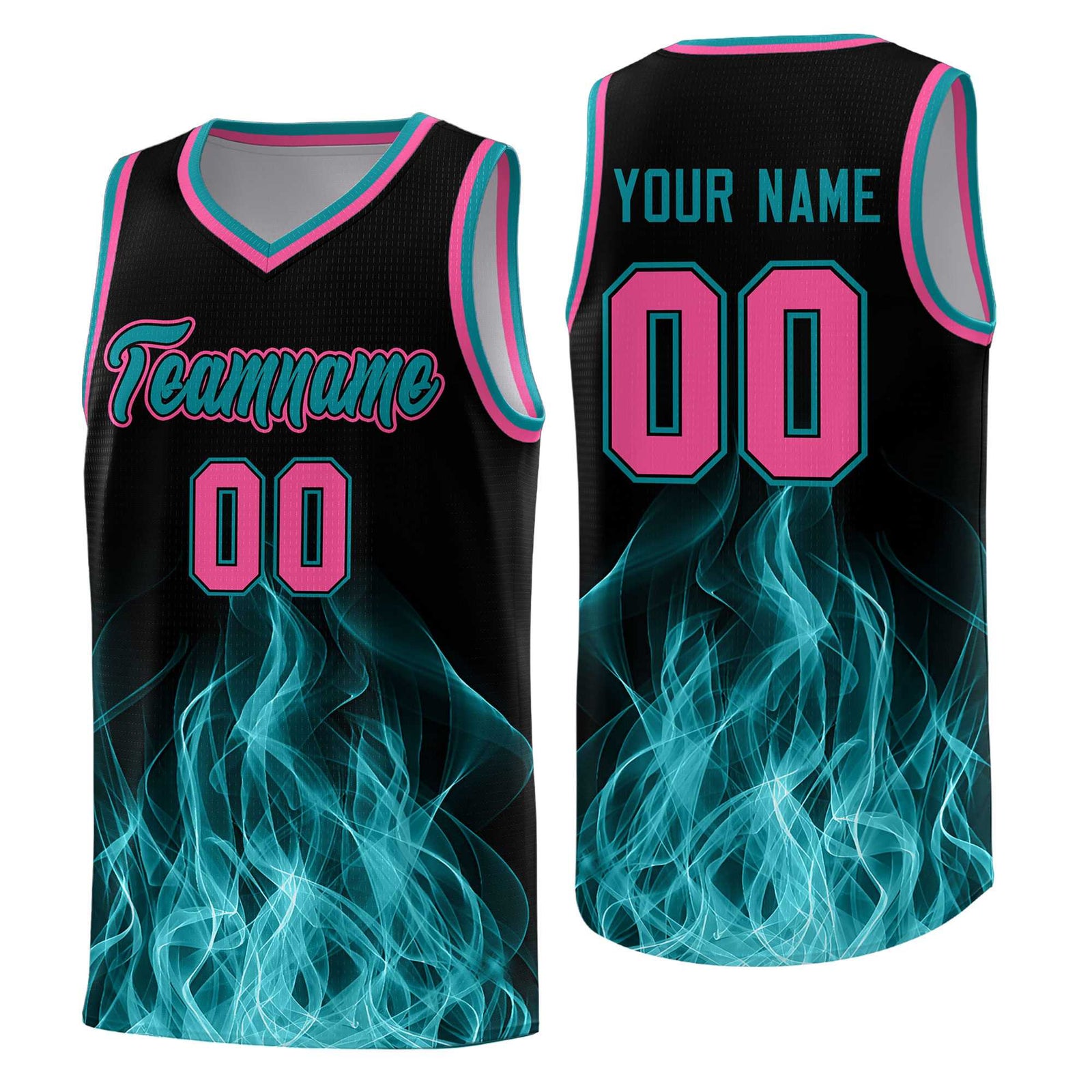 Custom Youth Basketball Jersey Black Teal Flame Fire Design Personalized Team Uniform Set