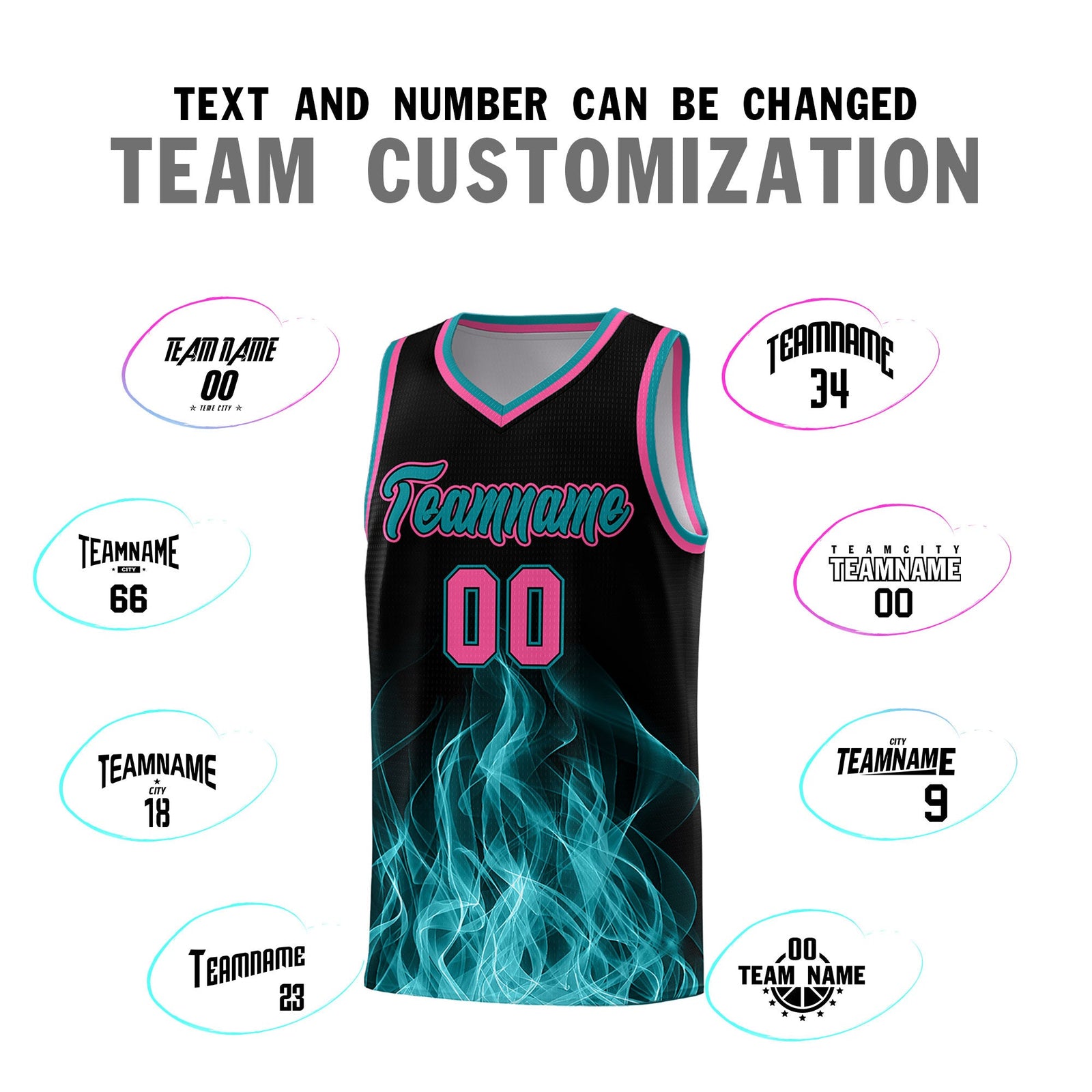 Custom Youth Basketball Jersey Black Teal Flame Fire Design Personalized Team Uniform Set