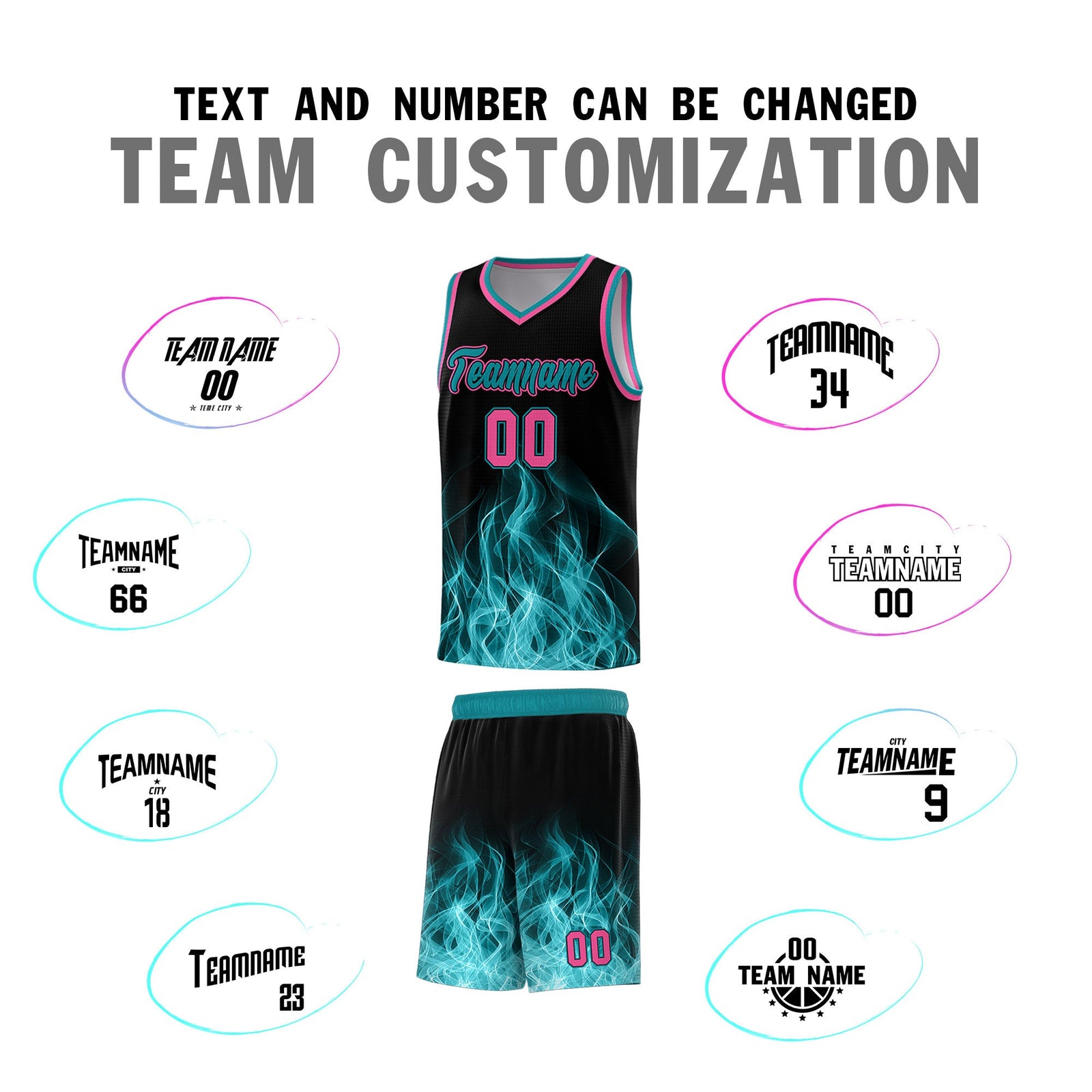 Custom Youth Basketball Jersey Black Teal Flame Fire Design Personalized Team Uniform Set
