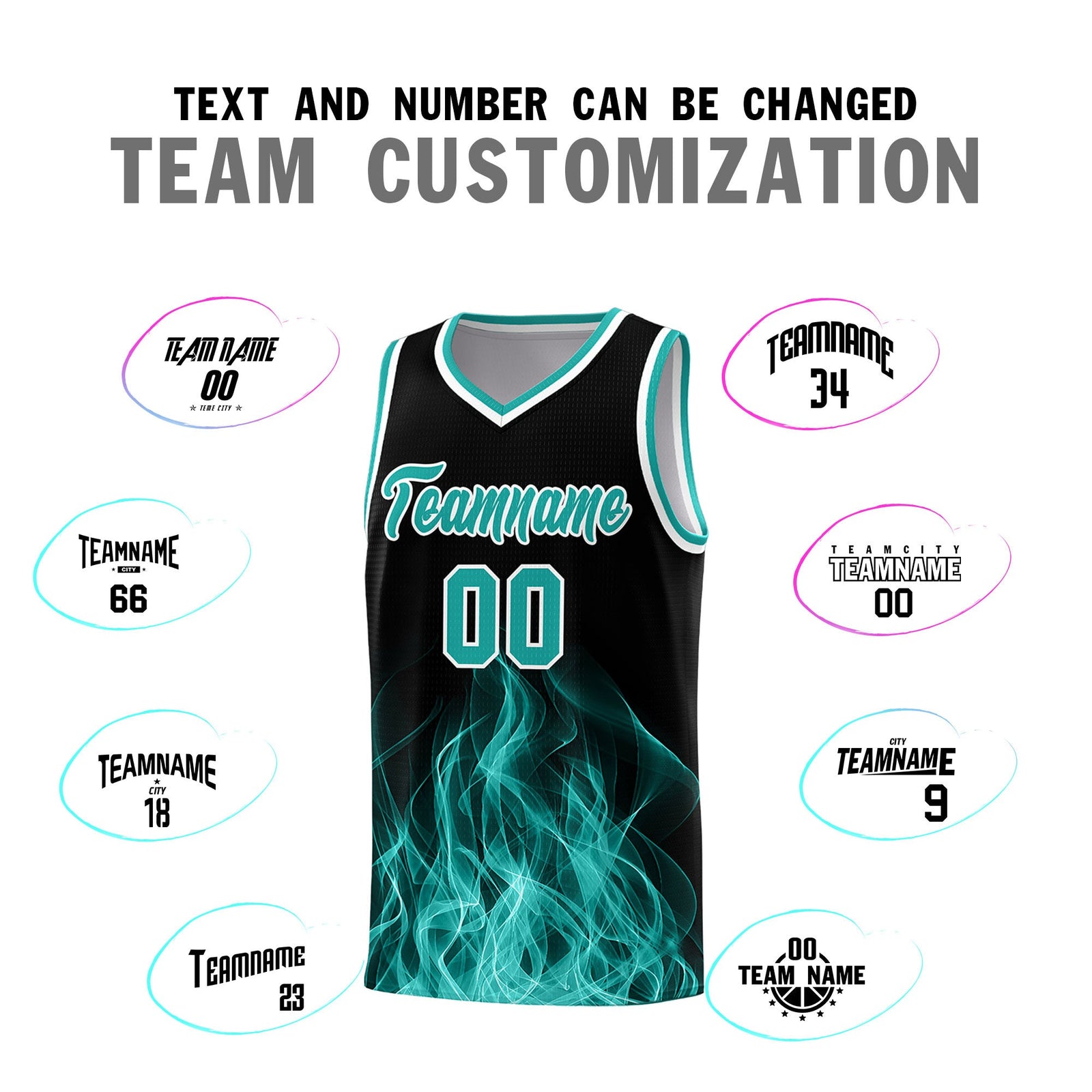 Custom Youth Basketball Jersey Black Aqua Flame Design Unique Team Uniform Set