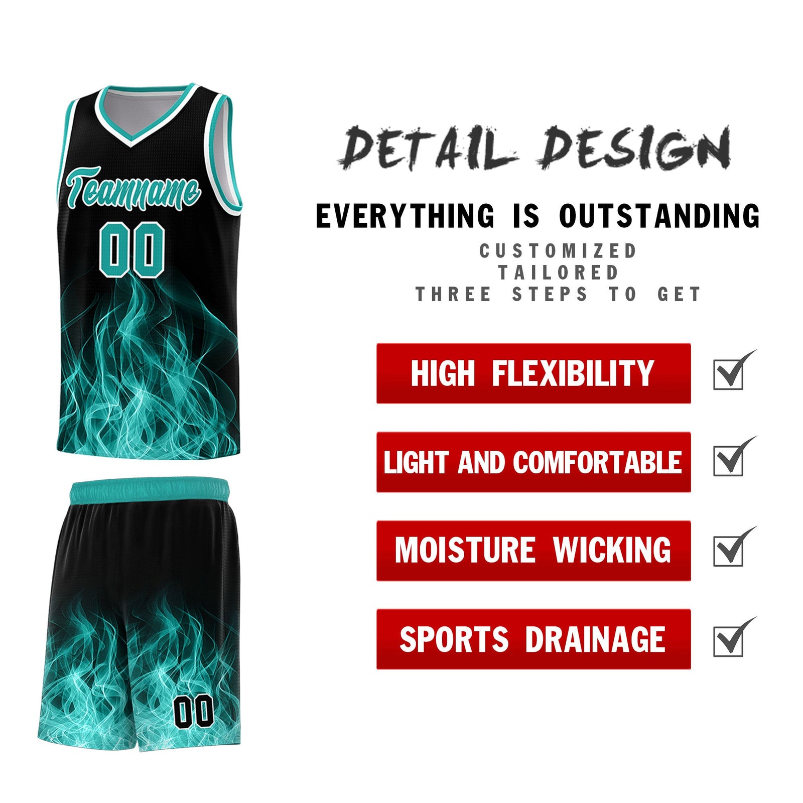 Custom Youth Basketball Jersey Black Aqua Flame Design Unique Team Uniform Set