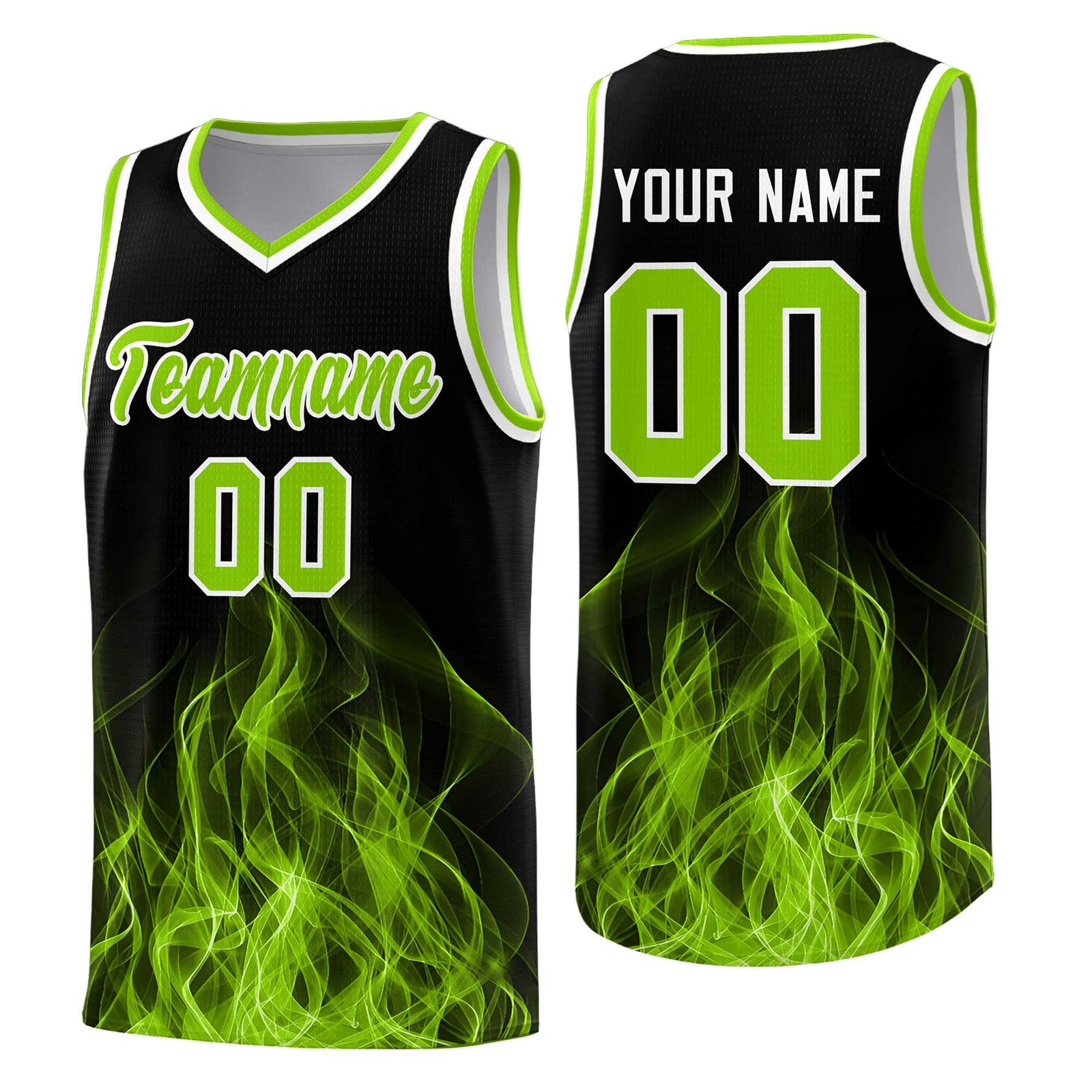 Custom Youth Basketball Jersey Black Neon Green Flame Design Personalized Team Uniform Set