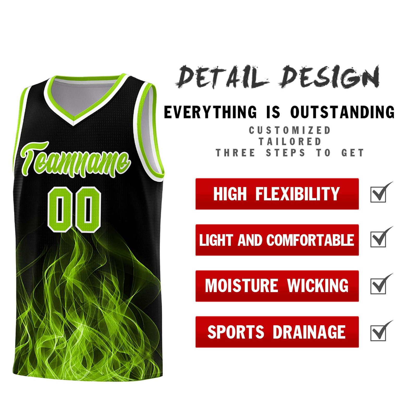Custom Youth Basketball Jersey Black Neon Green Flame Design Personalized Team Uniform Set