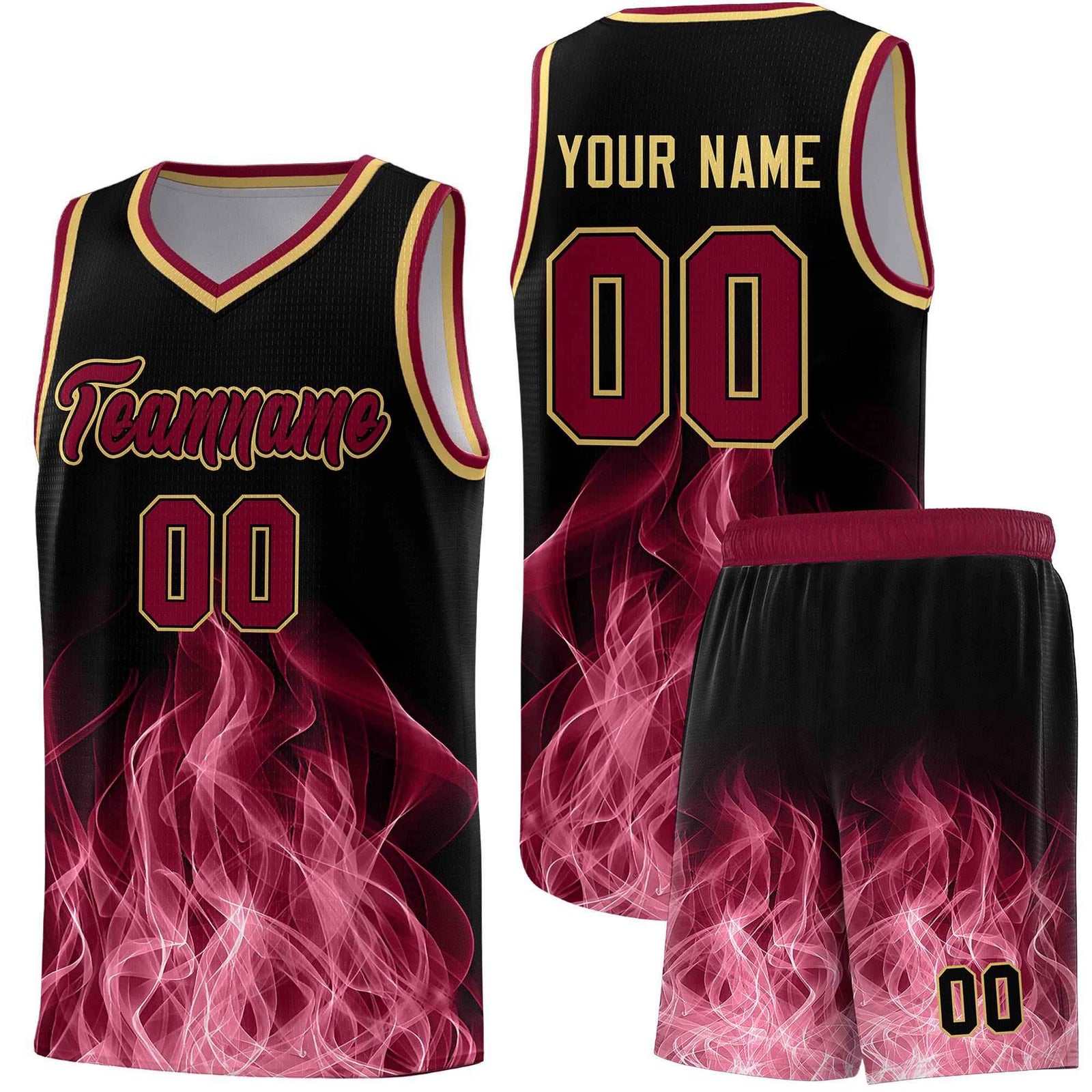 Custom Youth Basketball Jersey Black Crimson Flame Design Unique Team Uniform Set