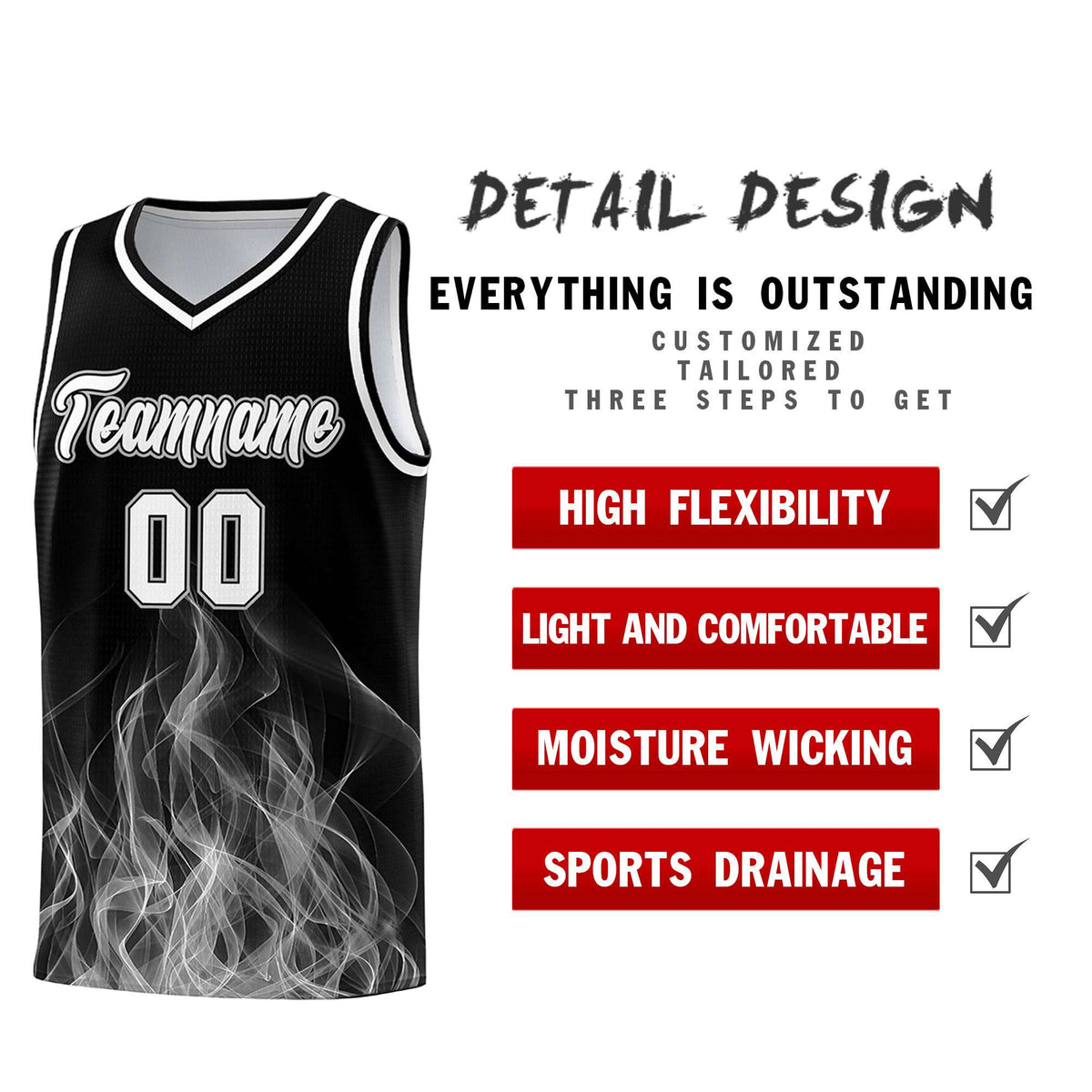 Custom Youth Basketball Jersey Black Gray Flame Fire Design Personalized Team Uniform Set