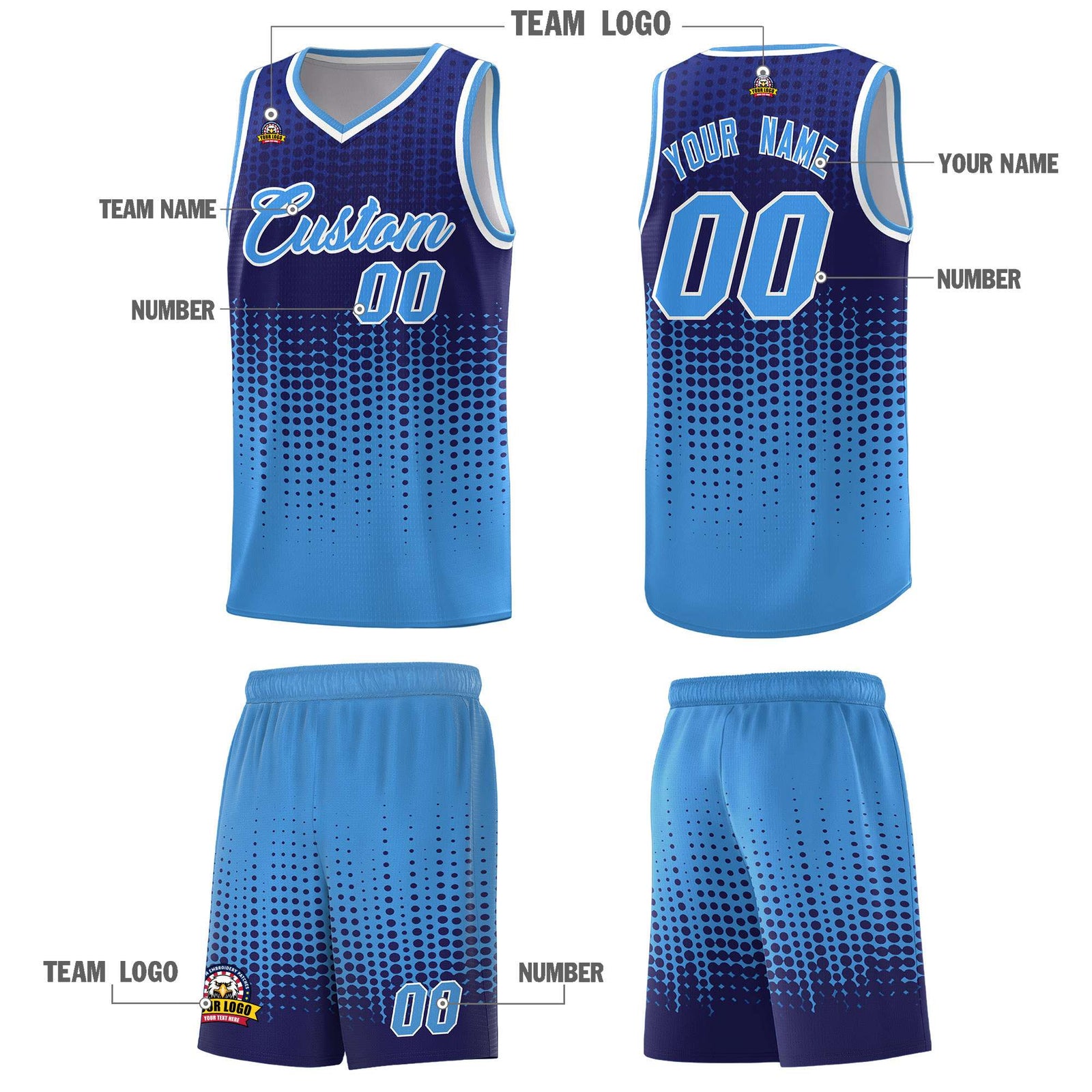 Custom Powder Blue Gradient Dots Design Pattern Sports Uniform Basketball Jersey