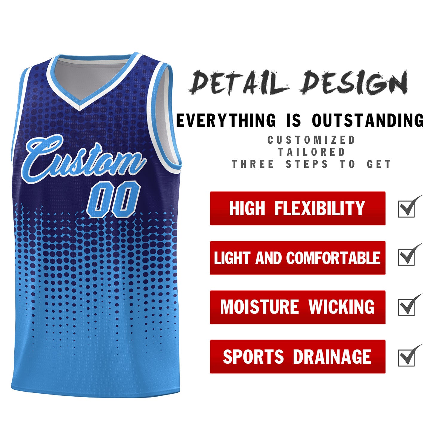 Custom Powder Blue Gradient Dots Design Pattern Sports Uniform Basketball Jersey