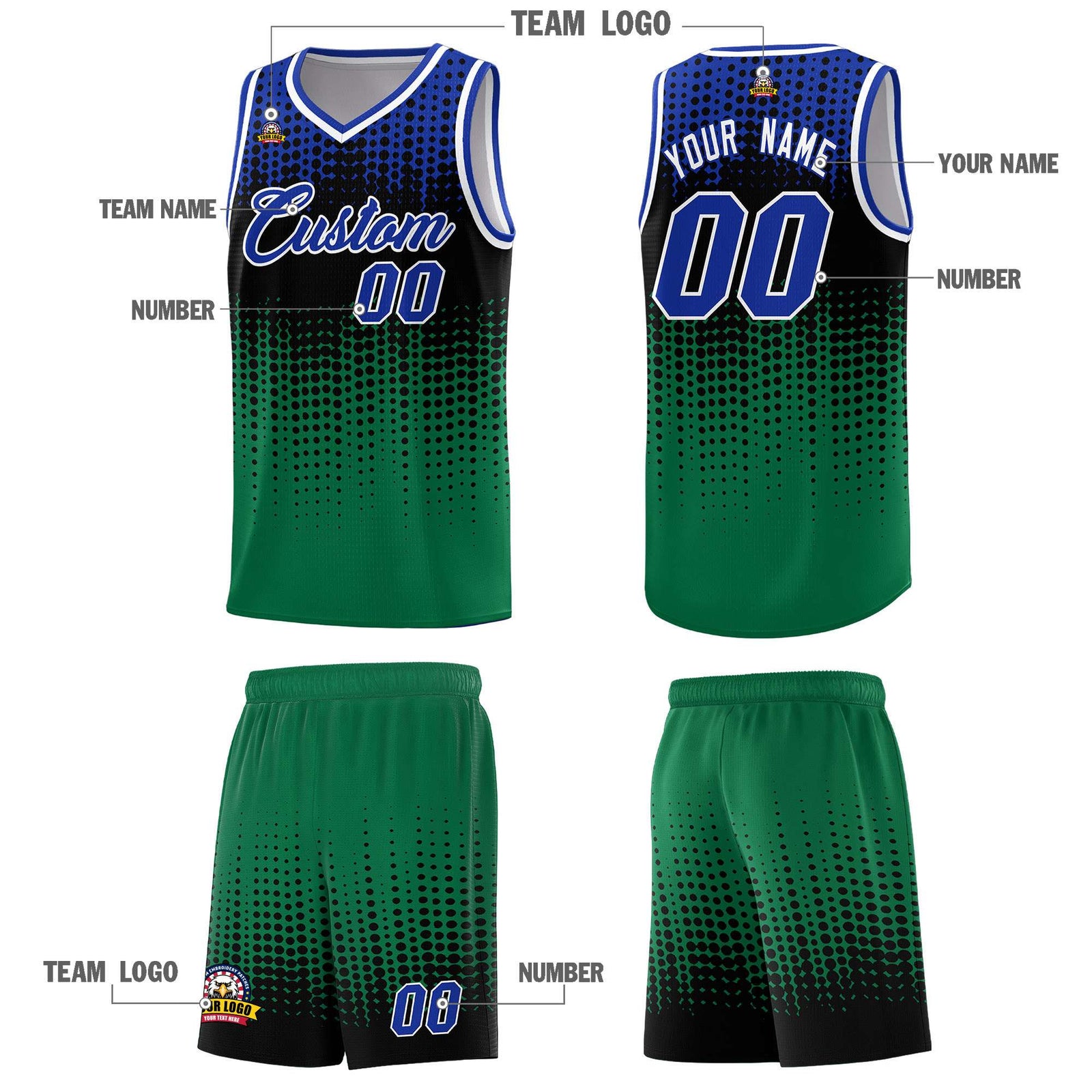 Custom Kelly Green Gradient Dots Design Pattern Sports Uniform Basketball Jersey