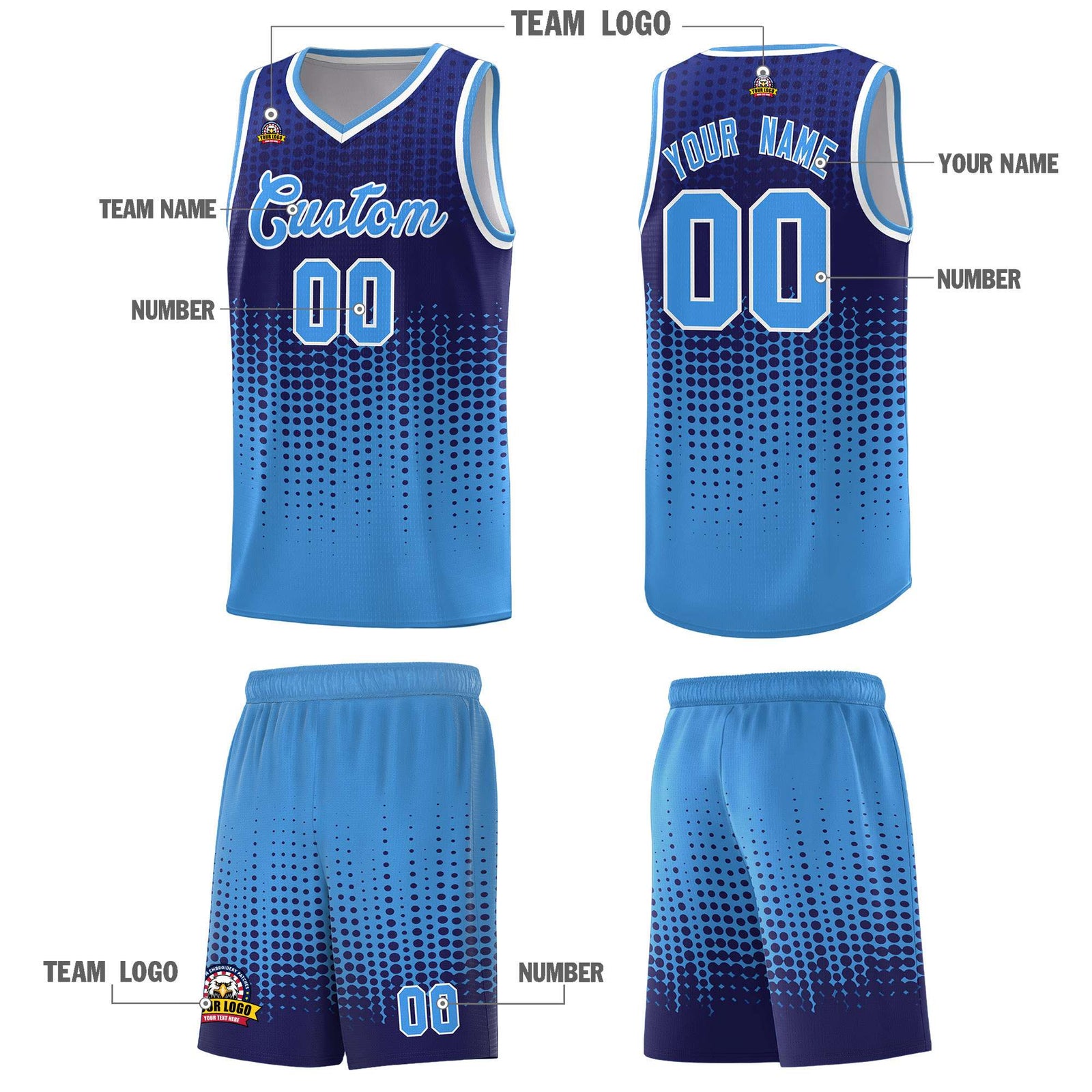Custom Powder Blue Gradient Dots Design Pattern Sports Uniform Basketball Jersey