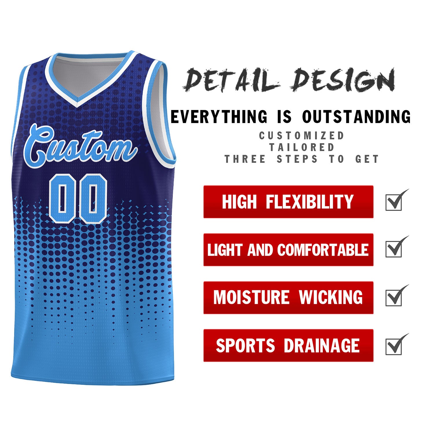 Custom Powder Blue Gradient Dots Design Pattern Sports Uniform Basketball Jersey