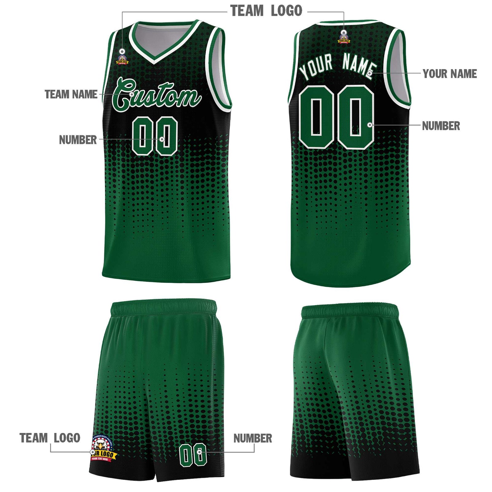 Custom Kelly Green Gradient Dots Design Pattern Sports Uniform Basketball Jersey