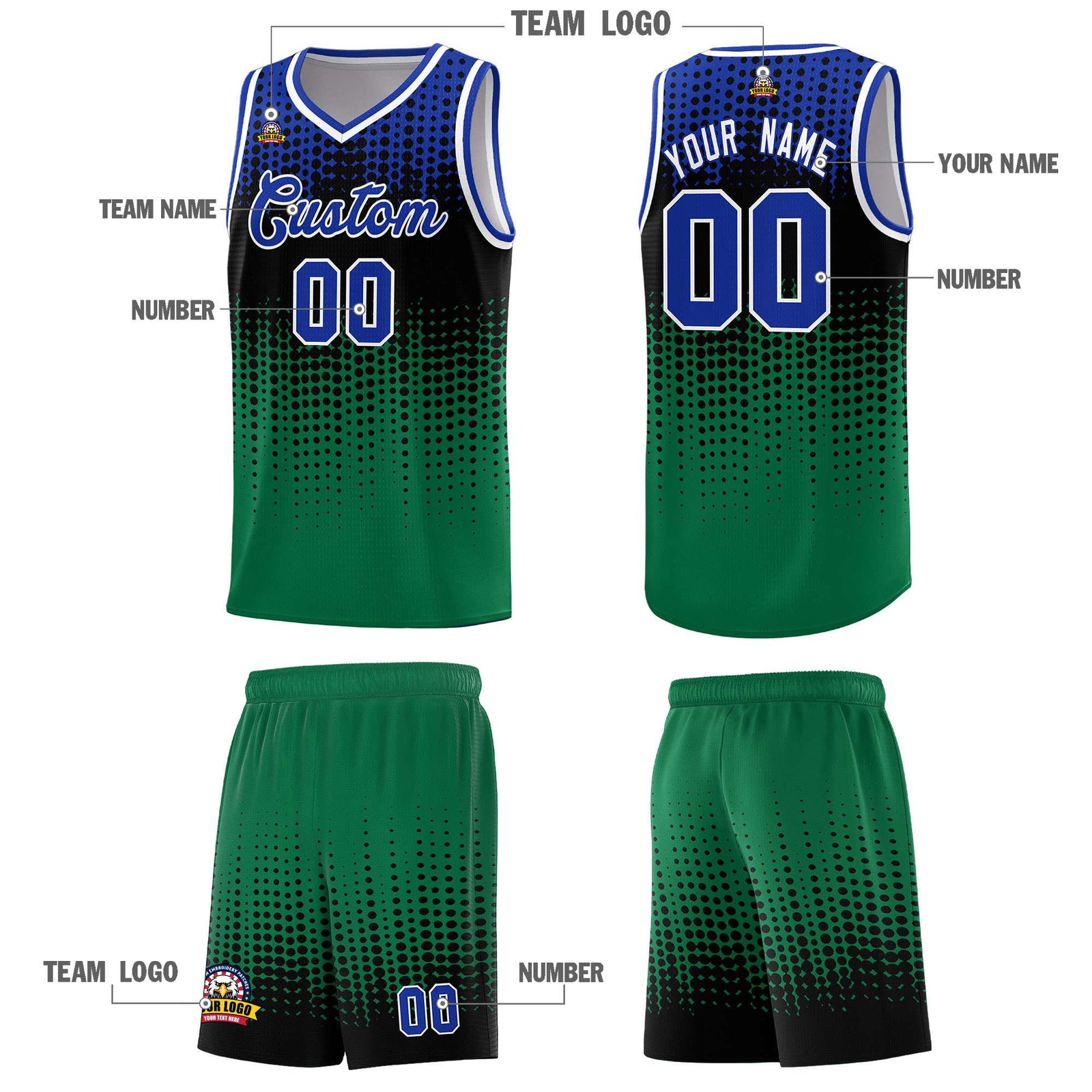 Custom Kelly Green Gradient Dots Design Pattern Sports Uniform Basketball Jersey