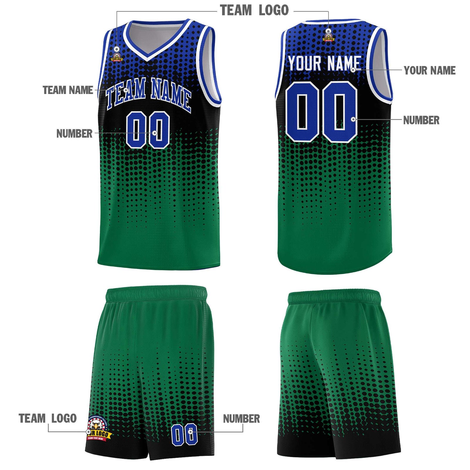 Custom Kelly Green Gradient Dots Design Pattern Sports Uniform Basketball Jersey