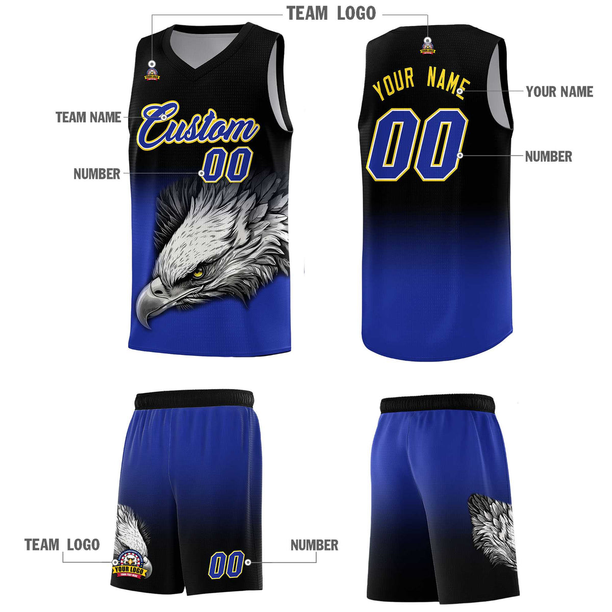 Custom Gray Powder Blue Basketball Kits with Eagle Pattern