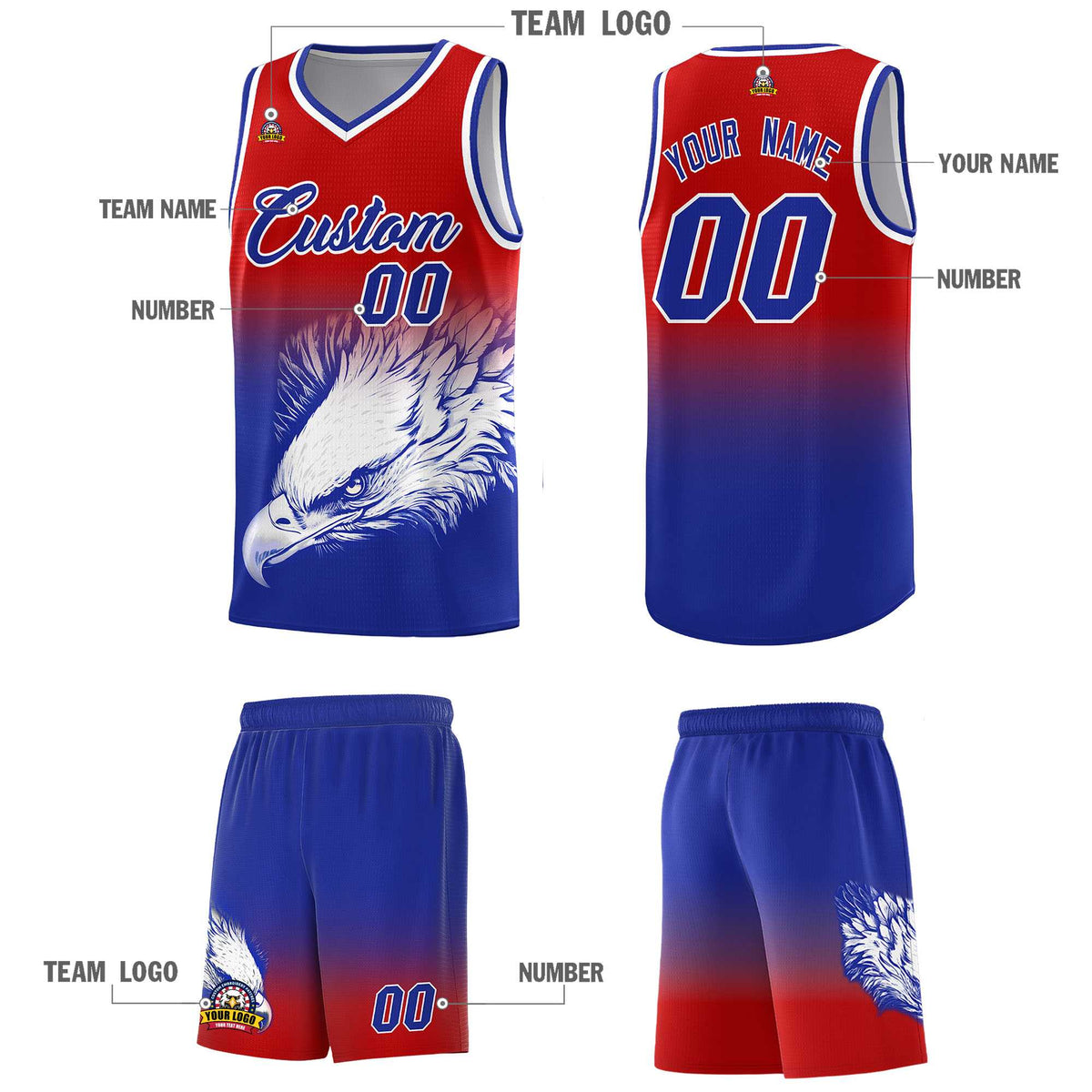 Custom Navy Gray Basketball Kits with Eagle Pattern