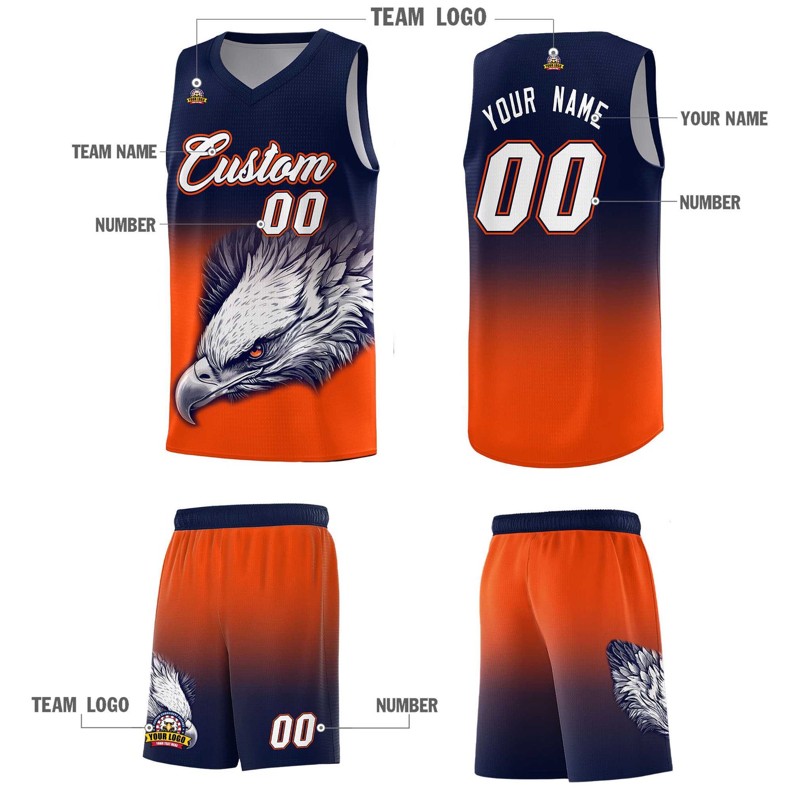 Custom Navy Yellow Basketball Kits with Eagle Pattern