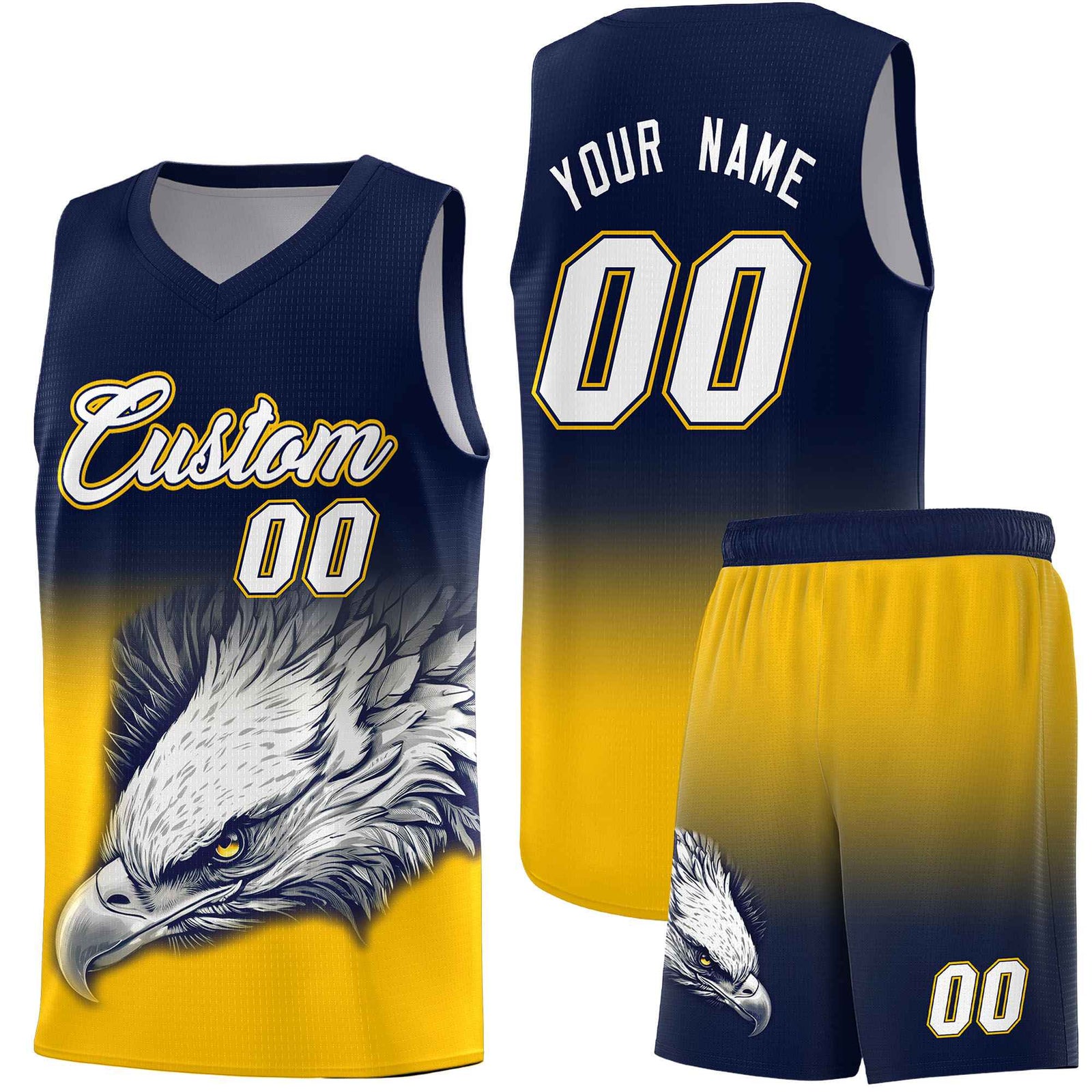 Custom Navy Orange Basketball Kits with Eagle Pattern