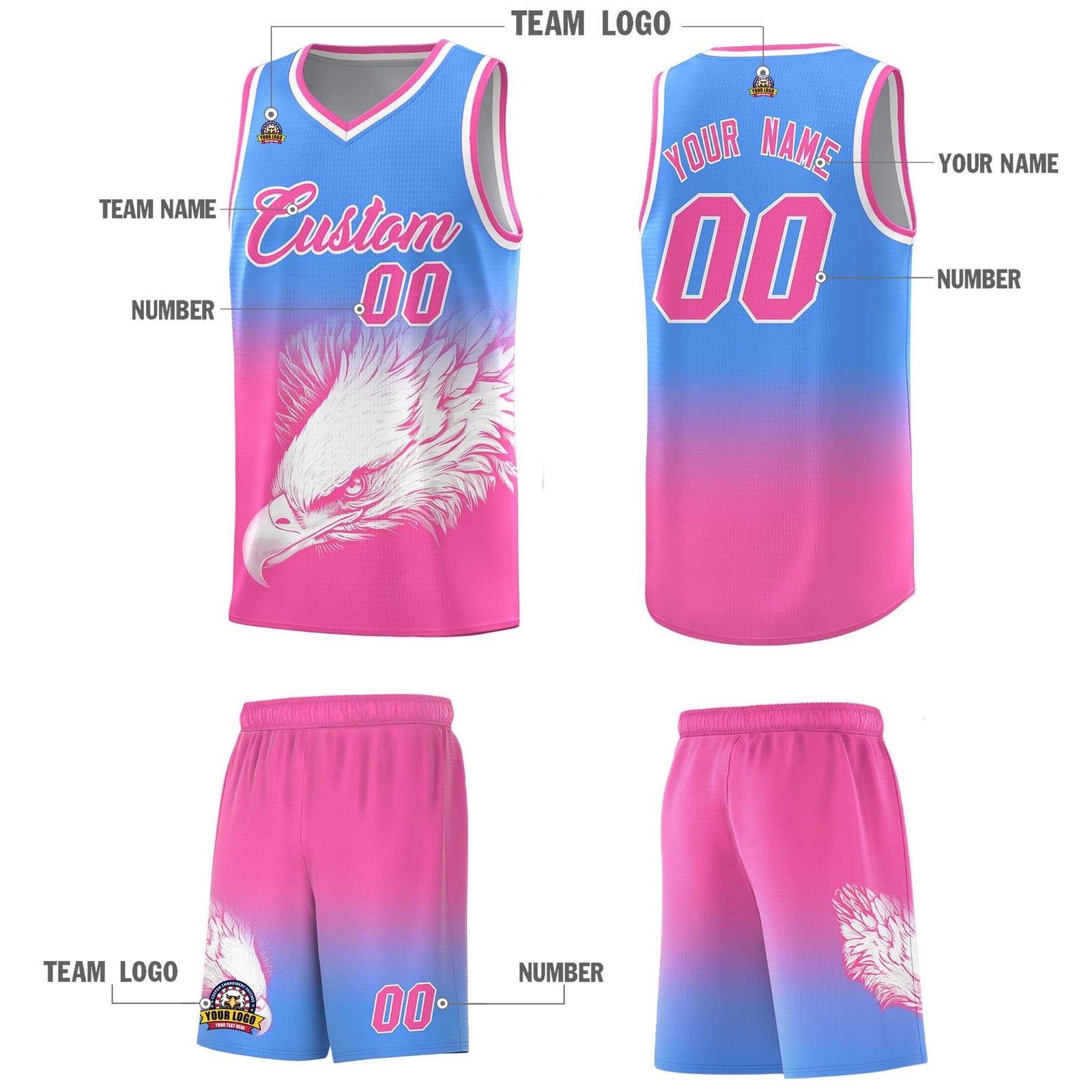 Custom Black Yellow Basketball Kits with Eagle Pattern