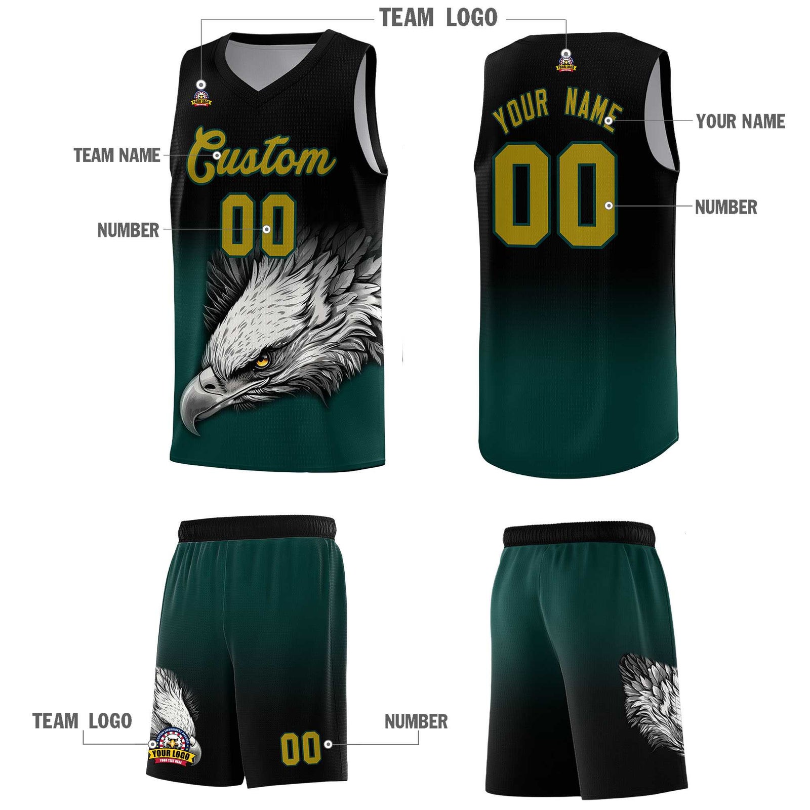 Custom Gray Black Basketball Kits with Eagle Pattern