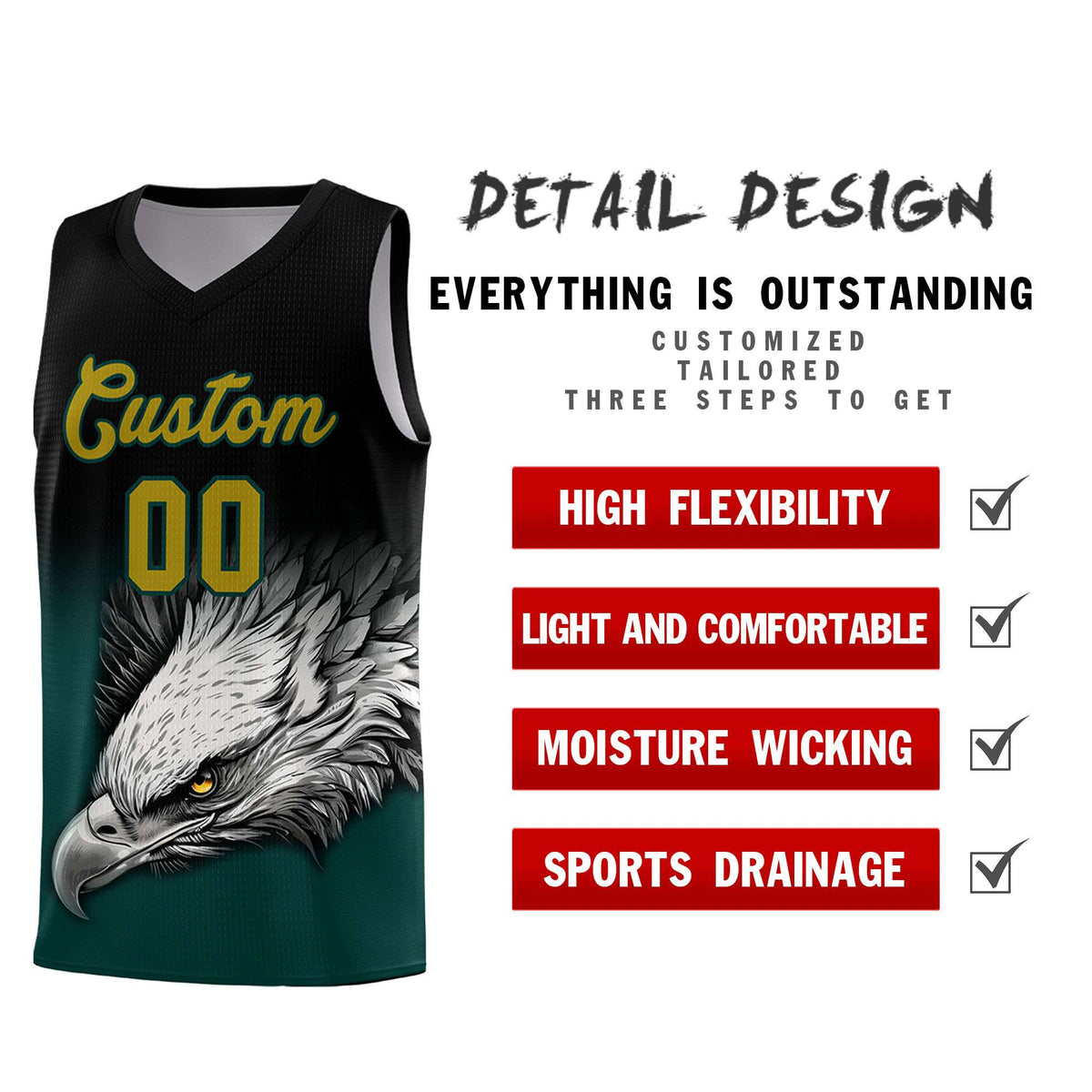 Custom Gray Black Basketball Kits with Eagle Pattern