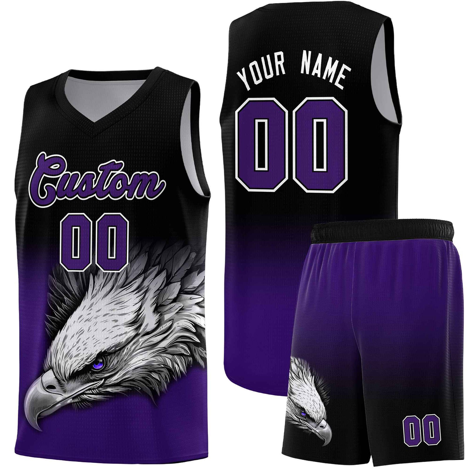 Custom Gray Purple Basketball Kits with Eagle Pattern