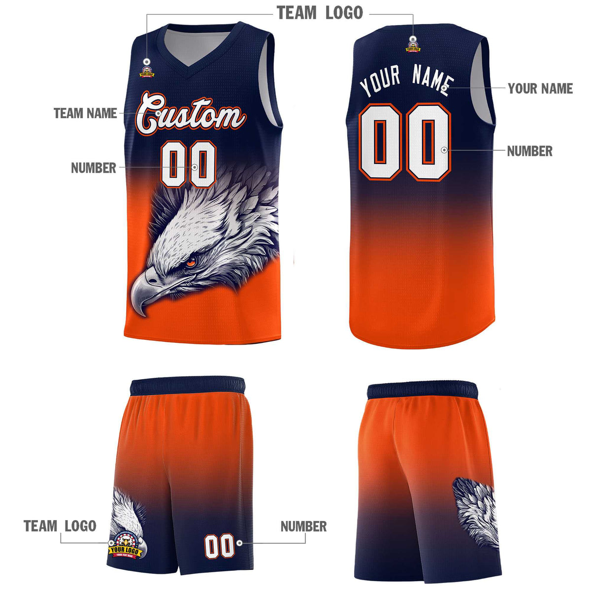Custom Navy Yellow Basketball Kits with Eagle Pattern