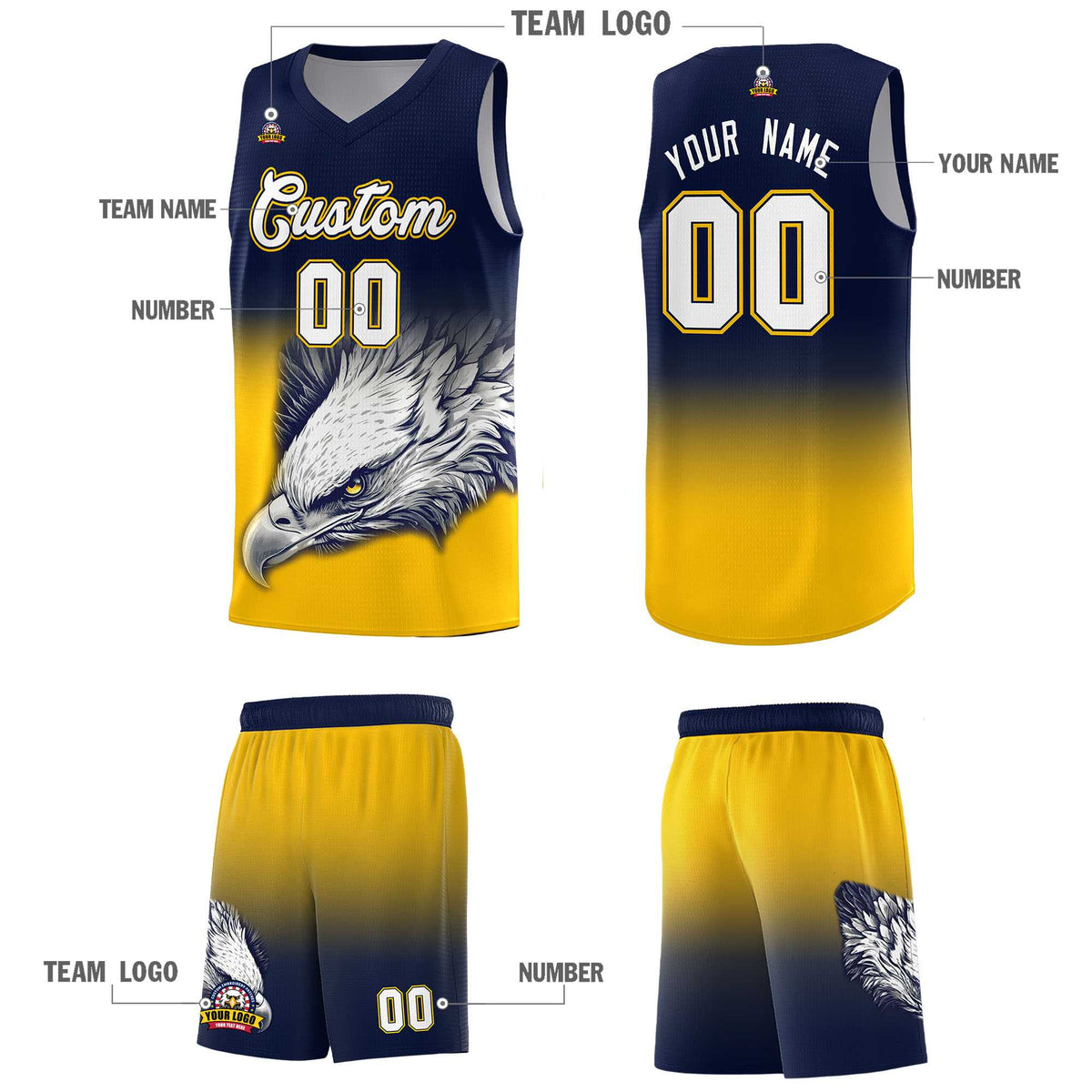 Custom Navy Orange Basketball Kits with Eagle Pattern