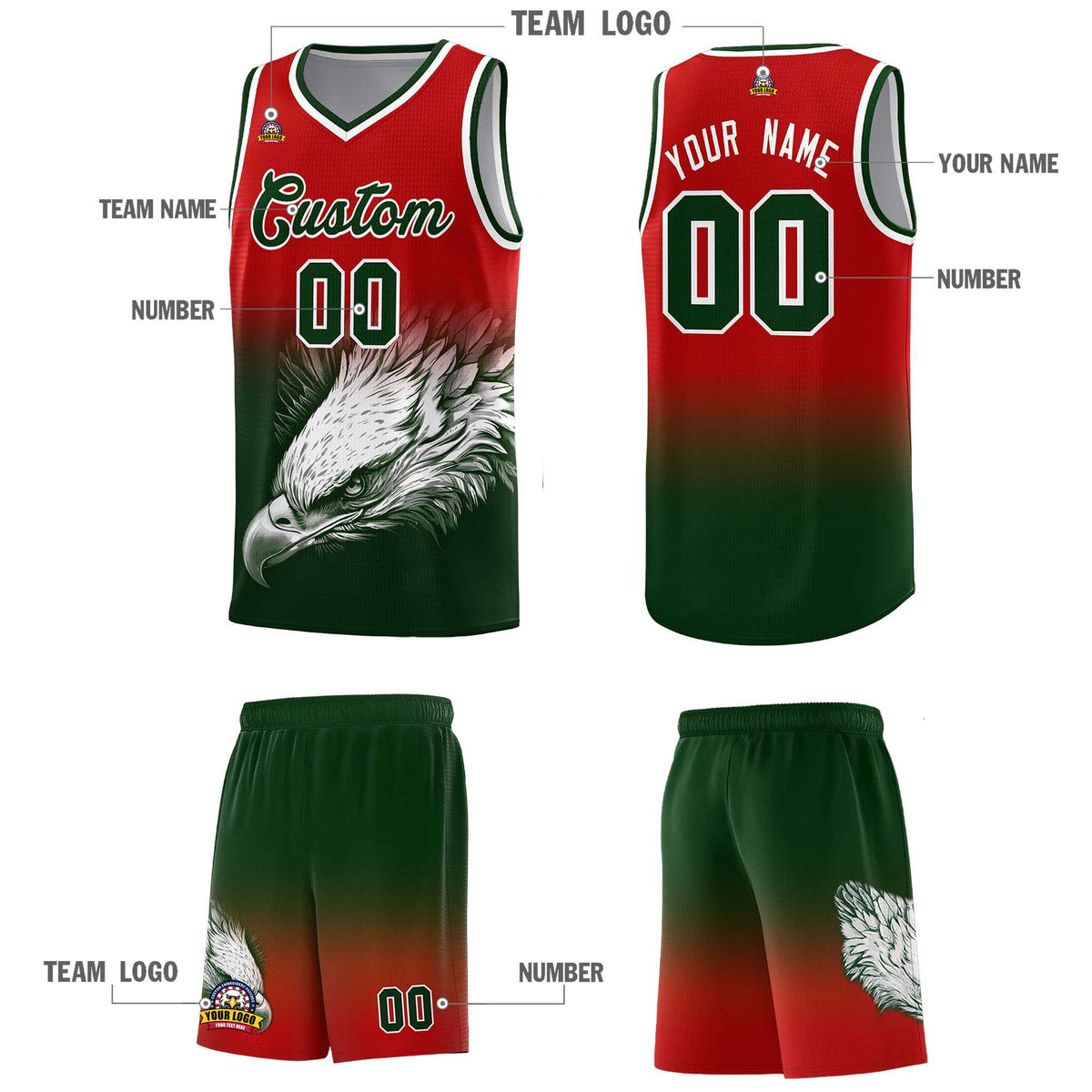 Custom Black Red Basketball Kits with Eagle Pattern