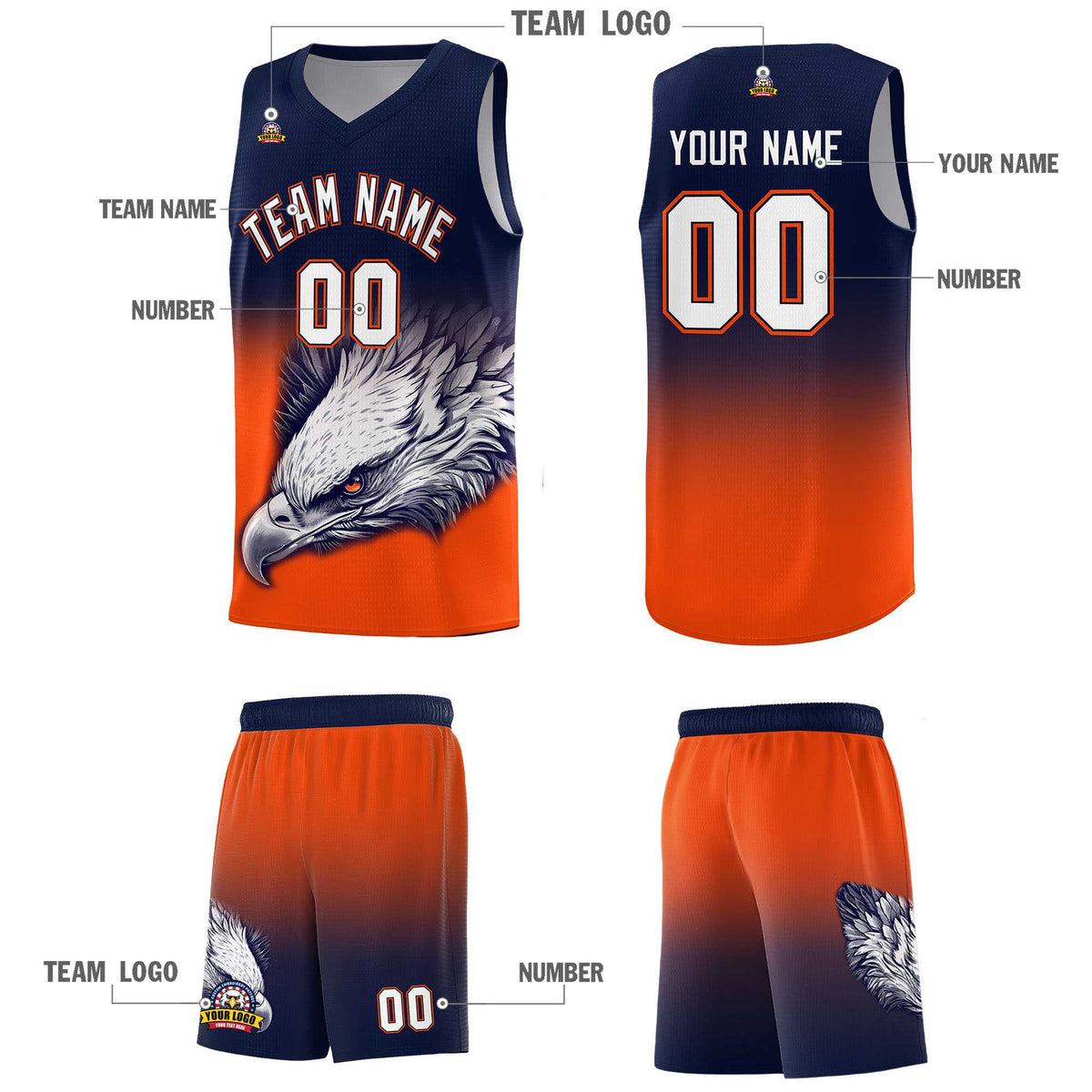 Custom Navy Yellow Basketball Kits with Eagle Pattern