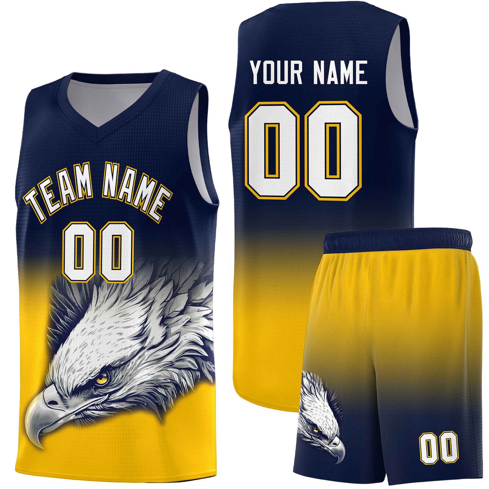 Custom Navy Orange Basketball Kits with Eagle Pattern