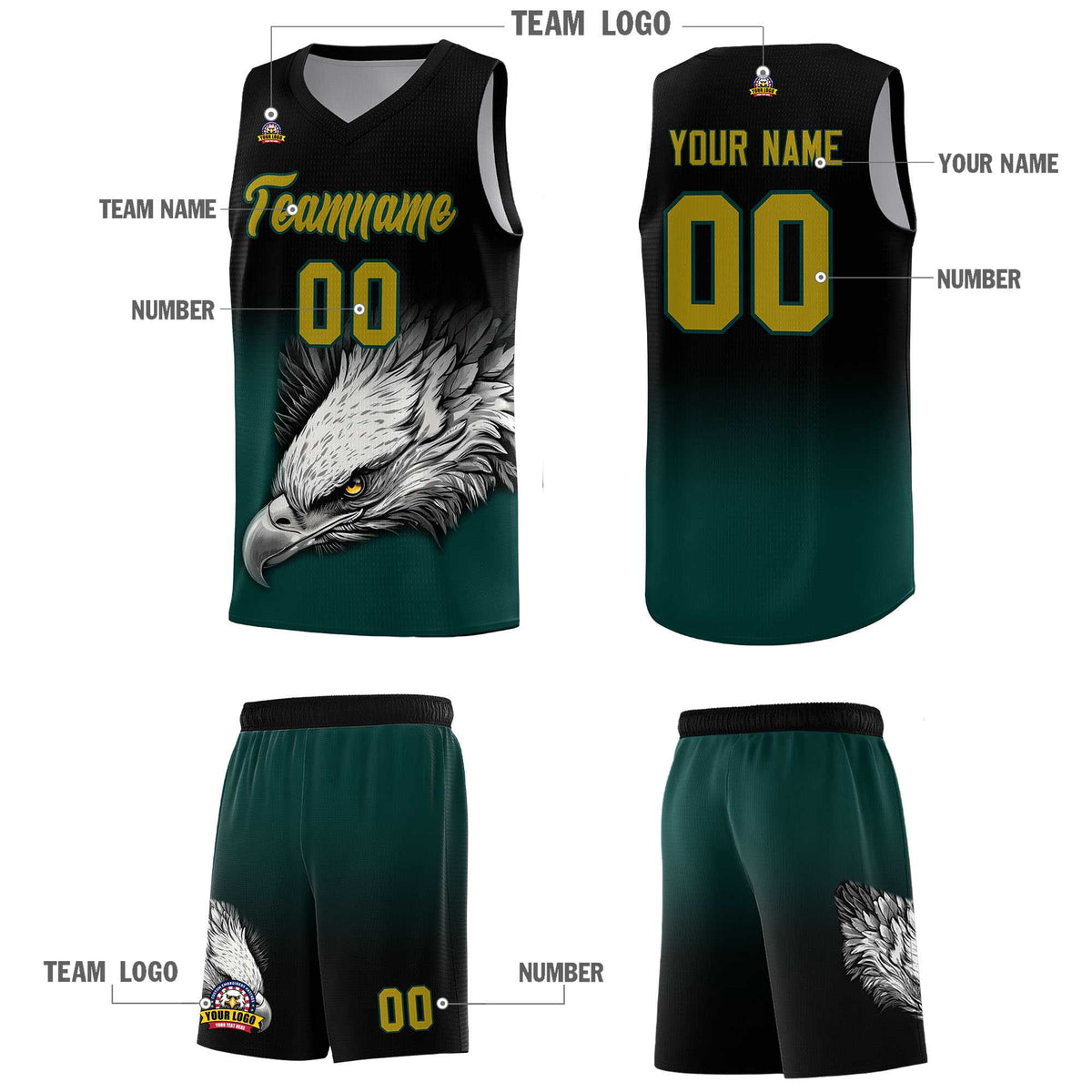 Custom Gray Black Basketball Kits with Eagle Pattern