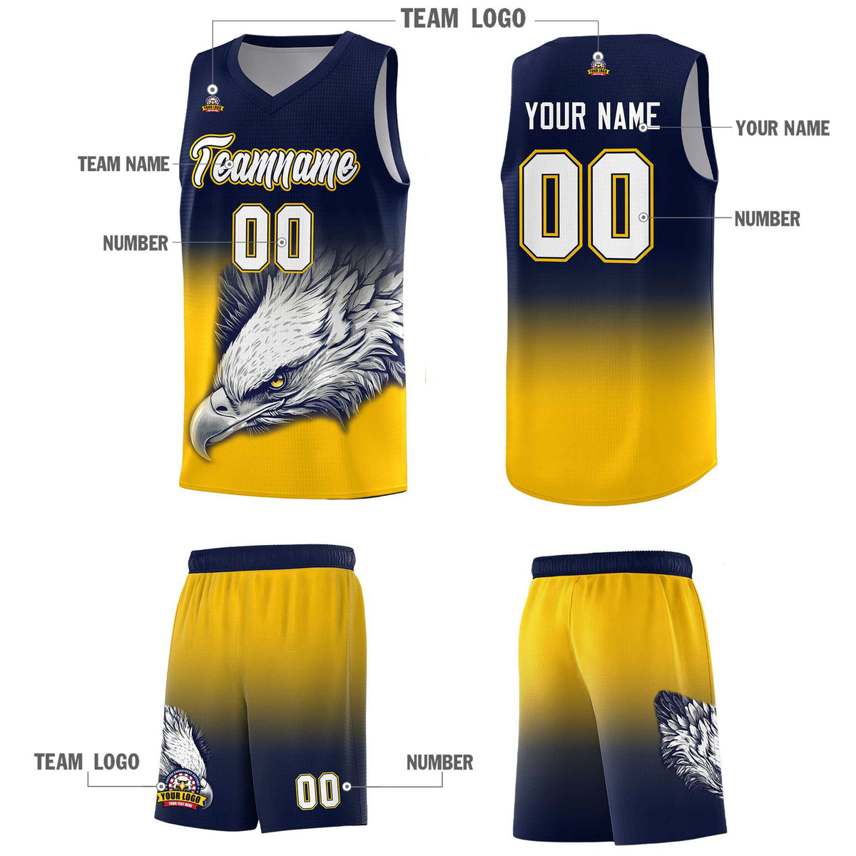 Custom Navy Orange Basketball Kits with Eagle Pattern