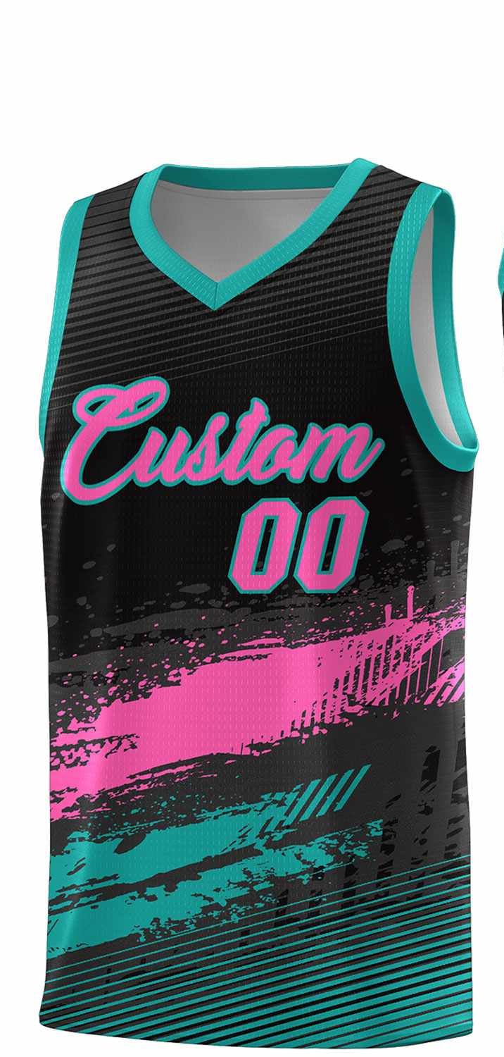 Custom Black Pink and Aqua Graffiti Pattern Sports Uniform Basketball Jersey
