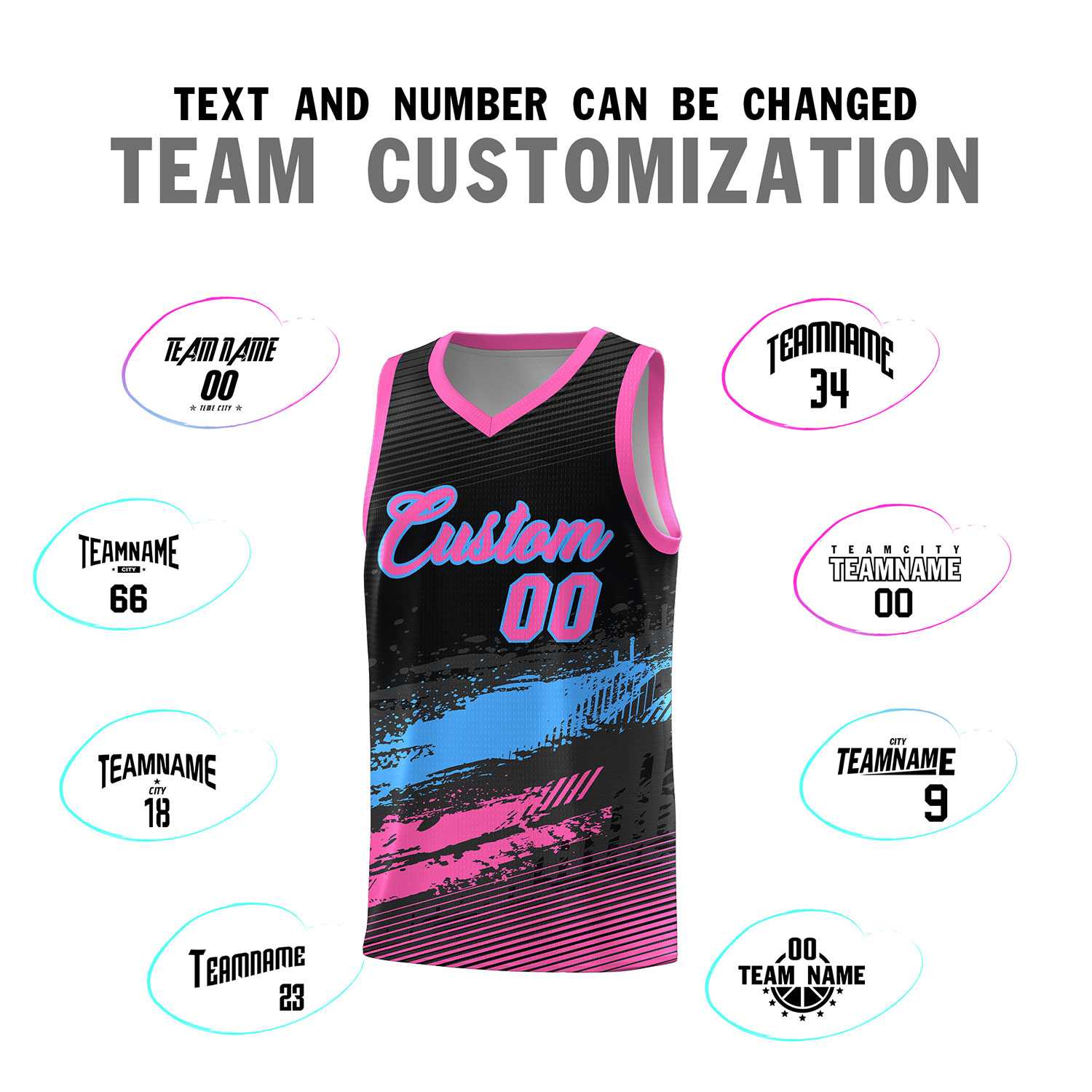 Custom Black Powder Blue and Pink Graffiti Pattern Sports Uniform Basketball Jersey