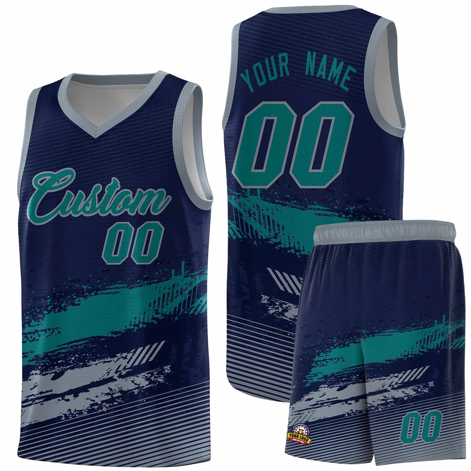 Custom Navy Aqua and Gray Graffiti Pattern Sports Uniform Basketball Jersey