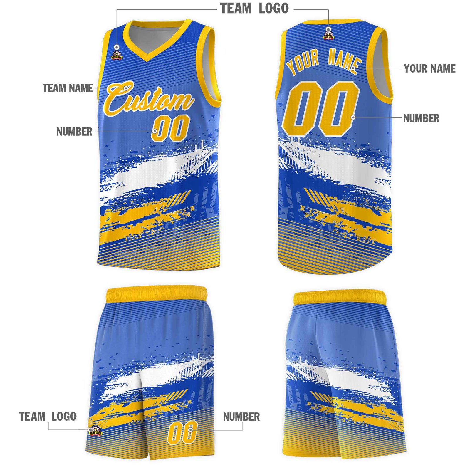 Custom Royal White and Yellow Graffiti Pattern Sports Uniform Basketball Jersey