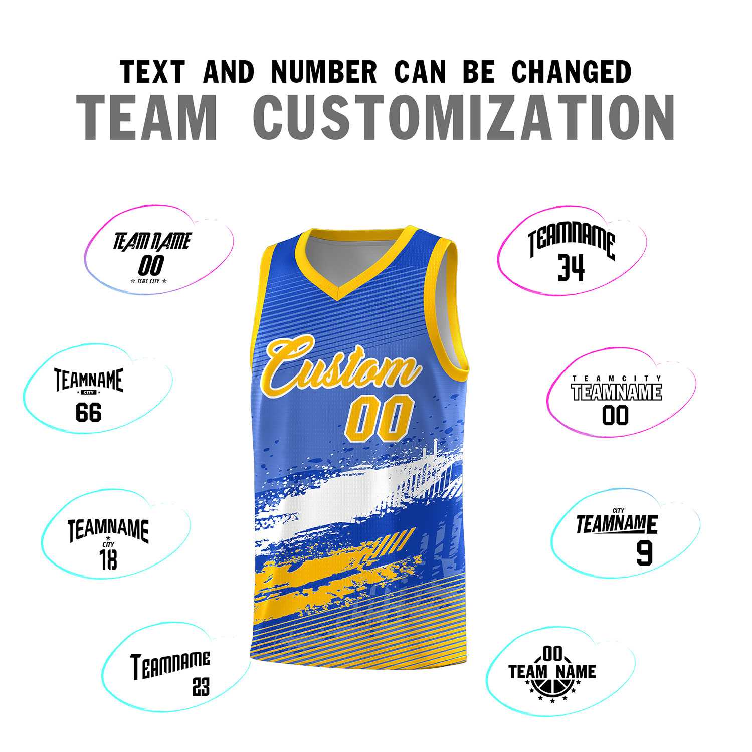 Custom Royal White and Yellow Graffiti Pattern Sports Uniform Basketball Jersey