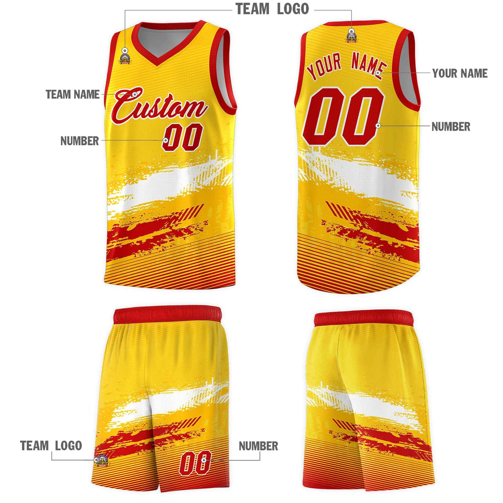 Custom Yellow White and Red Graffiti Pattern Sports Uniform Basketball Jersey