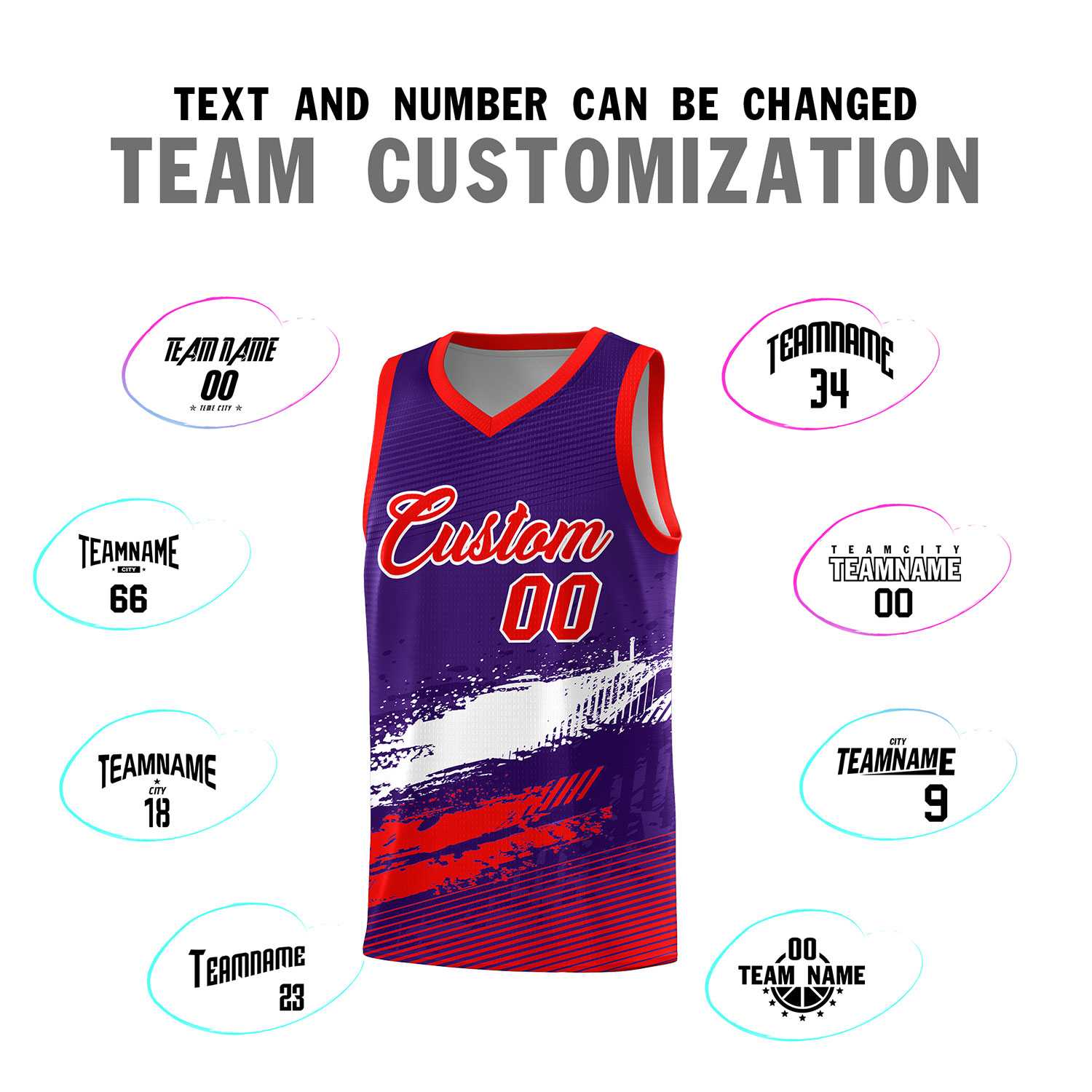 Custom Purple White and Red Graffiti Pattern Sports Uniform Basketball Jersey