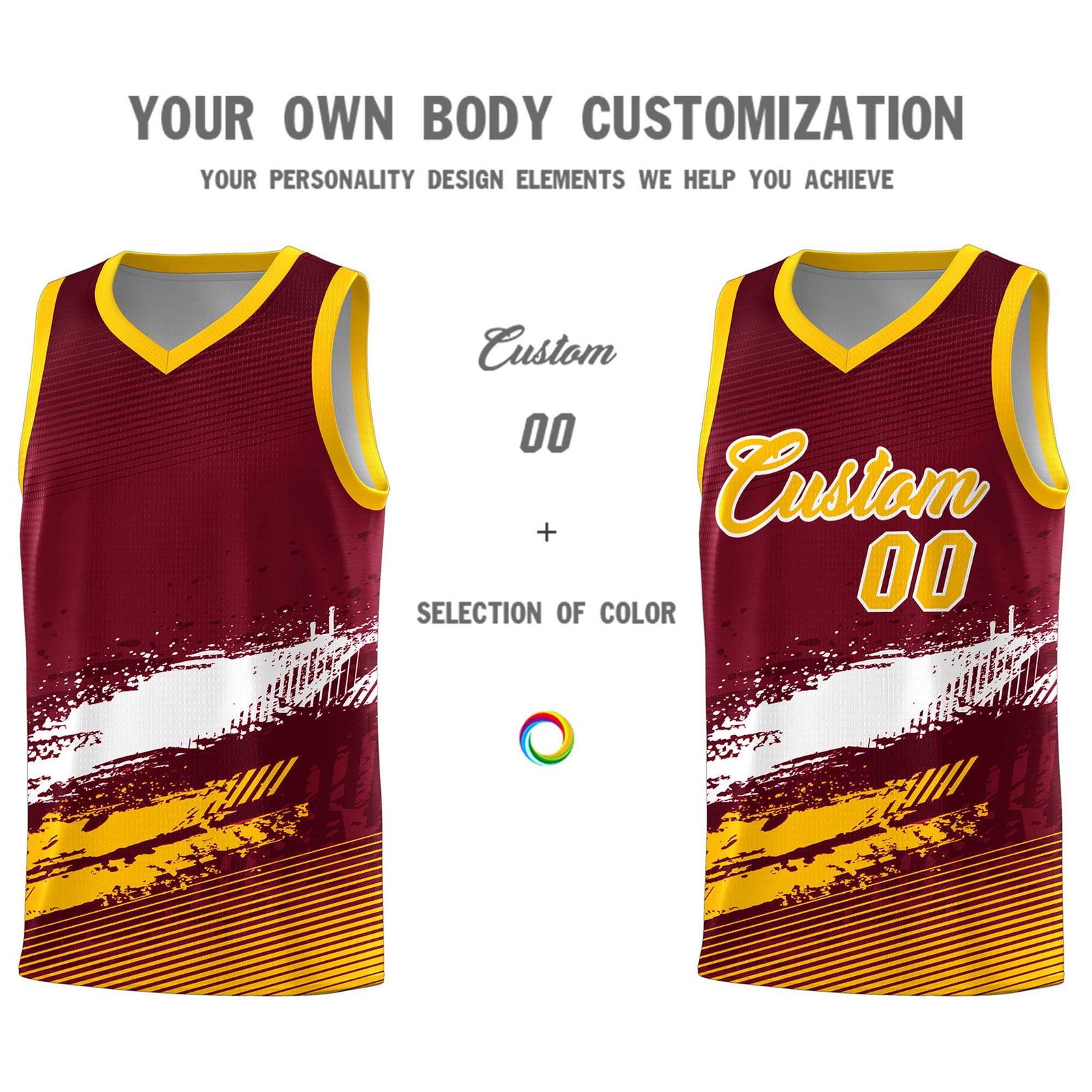 Custom Crimson White and Yellow Graffiti Pattern Sports Uniform Basketball Jersey