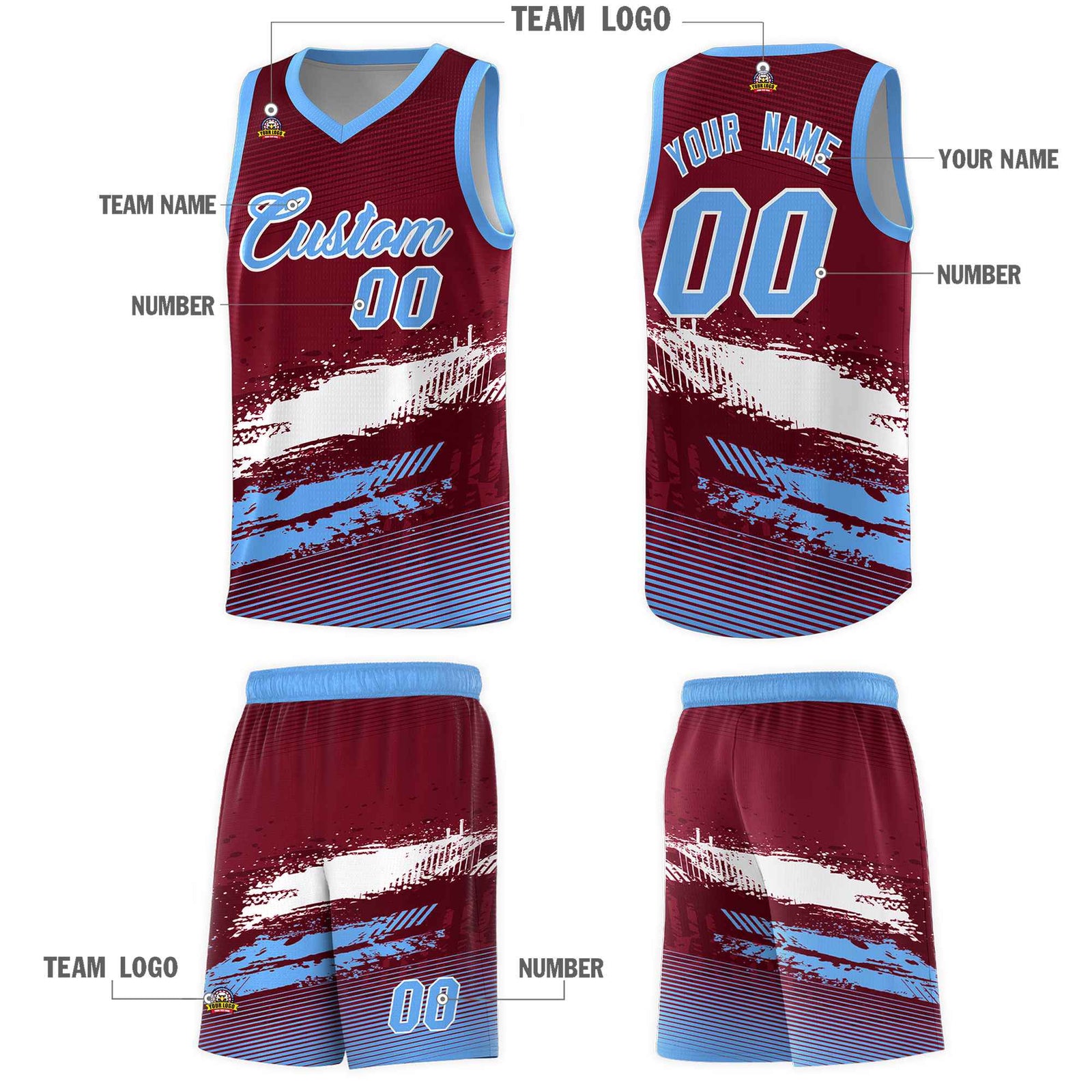 Custom Crimson White and Powder Blue Graffiti Pattern Sports Uniform Basketball Jersey