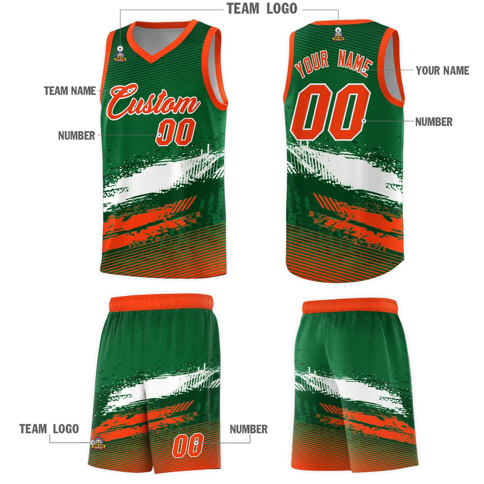 Custom Kelly Green White and Orange Graffiti Pattern Sports Uniform Basketball Jersey
