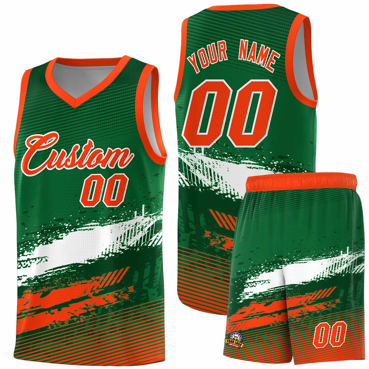 Custom Kelly Green White and Orange Graffiti Pattern Sports Uniform Basketball Jersey