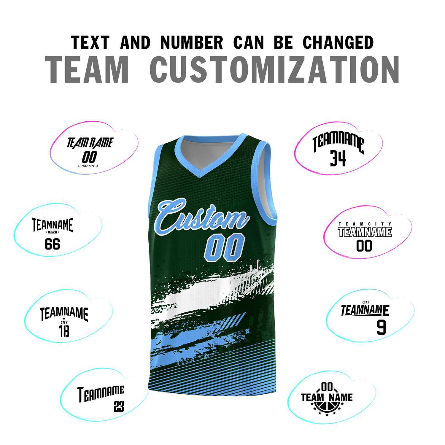 Custom Green White and Powder Blue Graffiti Pattern Sports Uniform Basketball Jersey