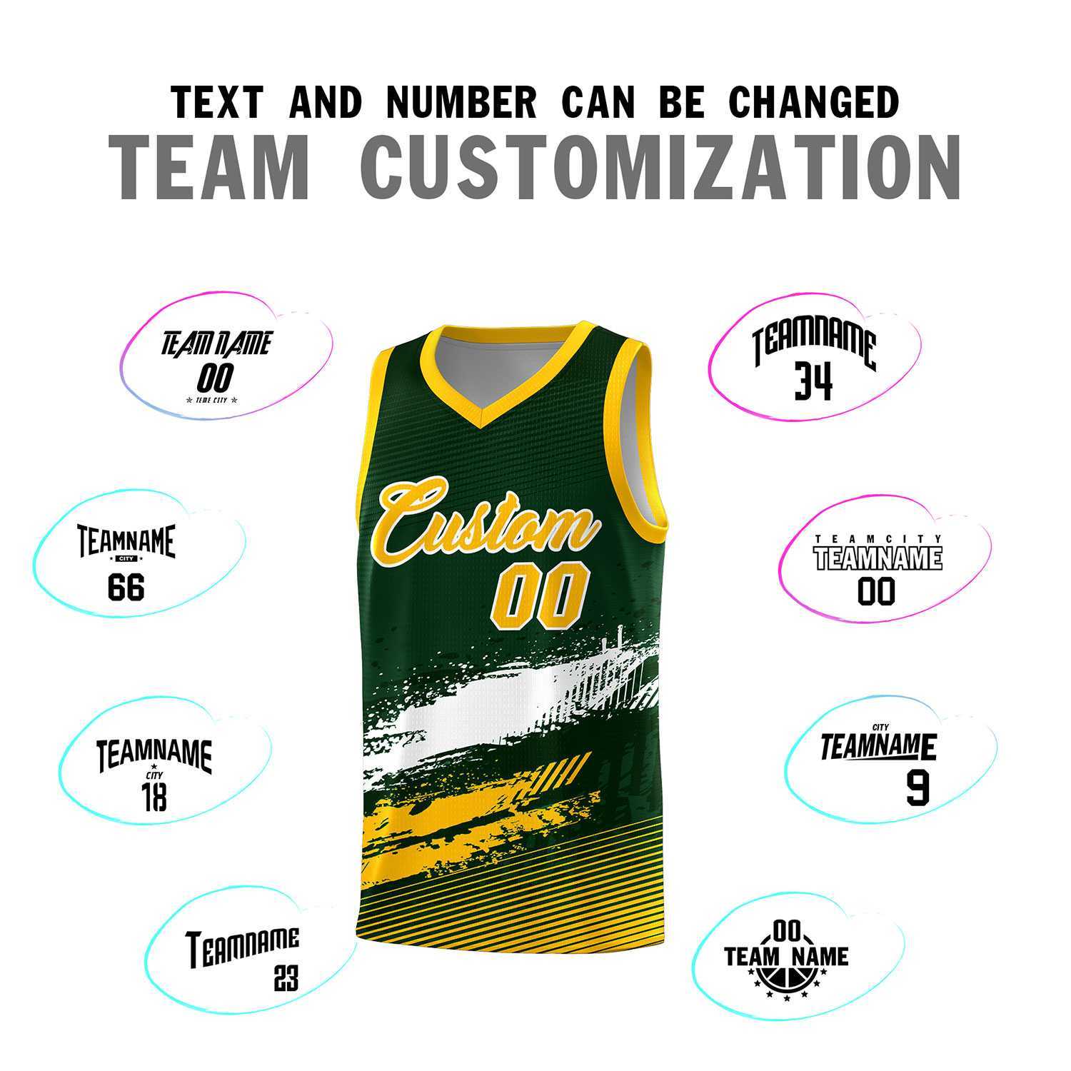 Custom Green White and Yellow Graffiti Pattern Sports Uniform Basketball Jersey