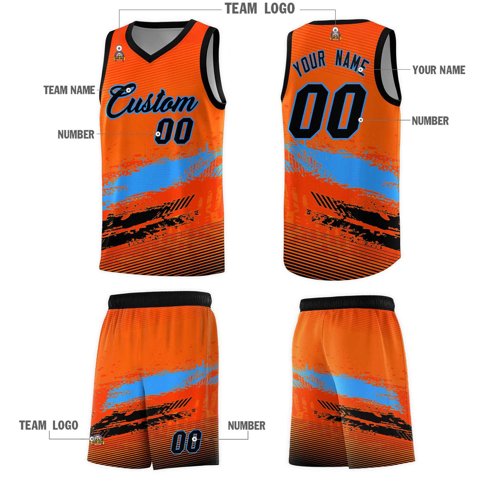Custom Orange Powder Blue and Black Graffiti Pattern Sports Uniform Basketball Jersey