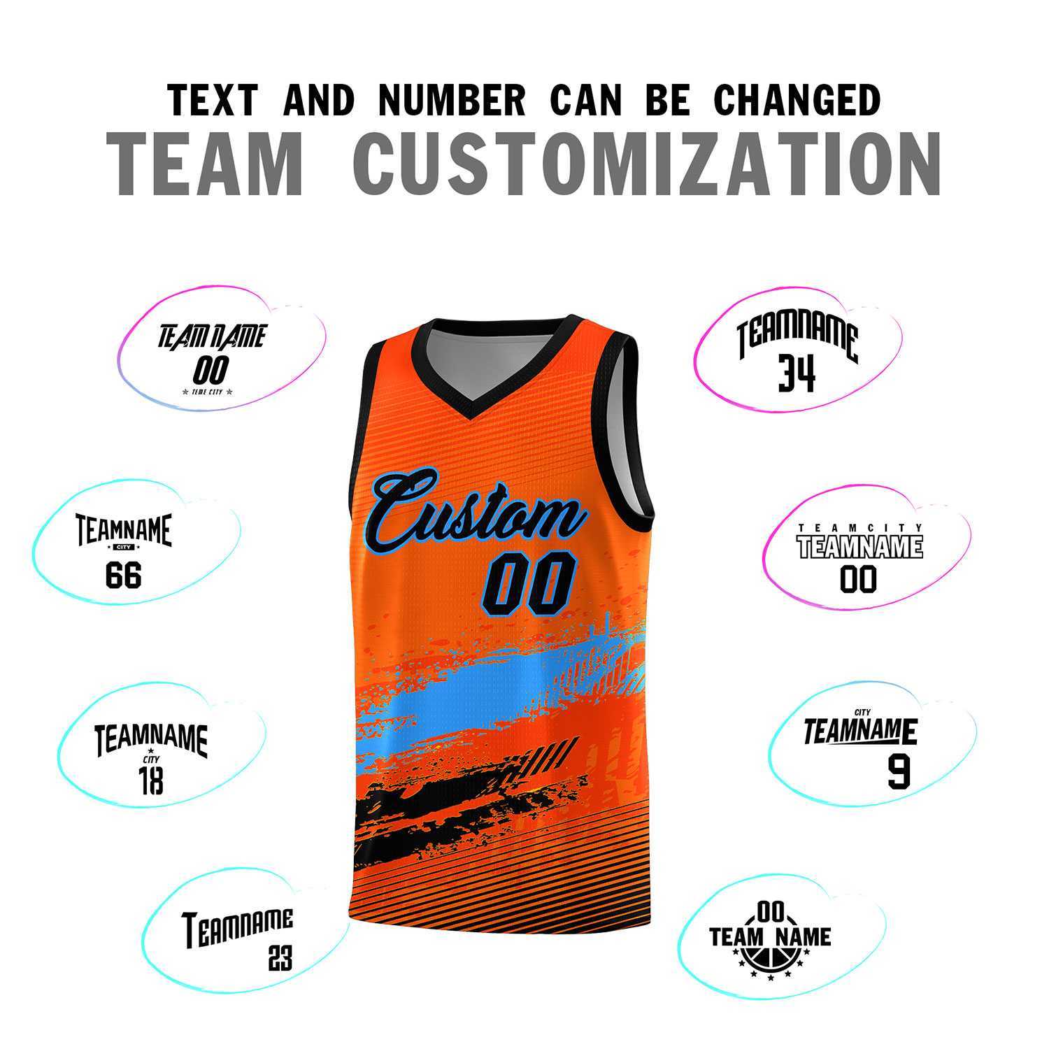 Custom Orange Powder Blue and Black Graffiti Pattern Sports Uniform Basketball Jersey