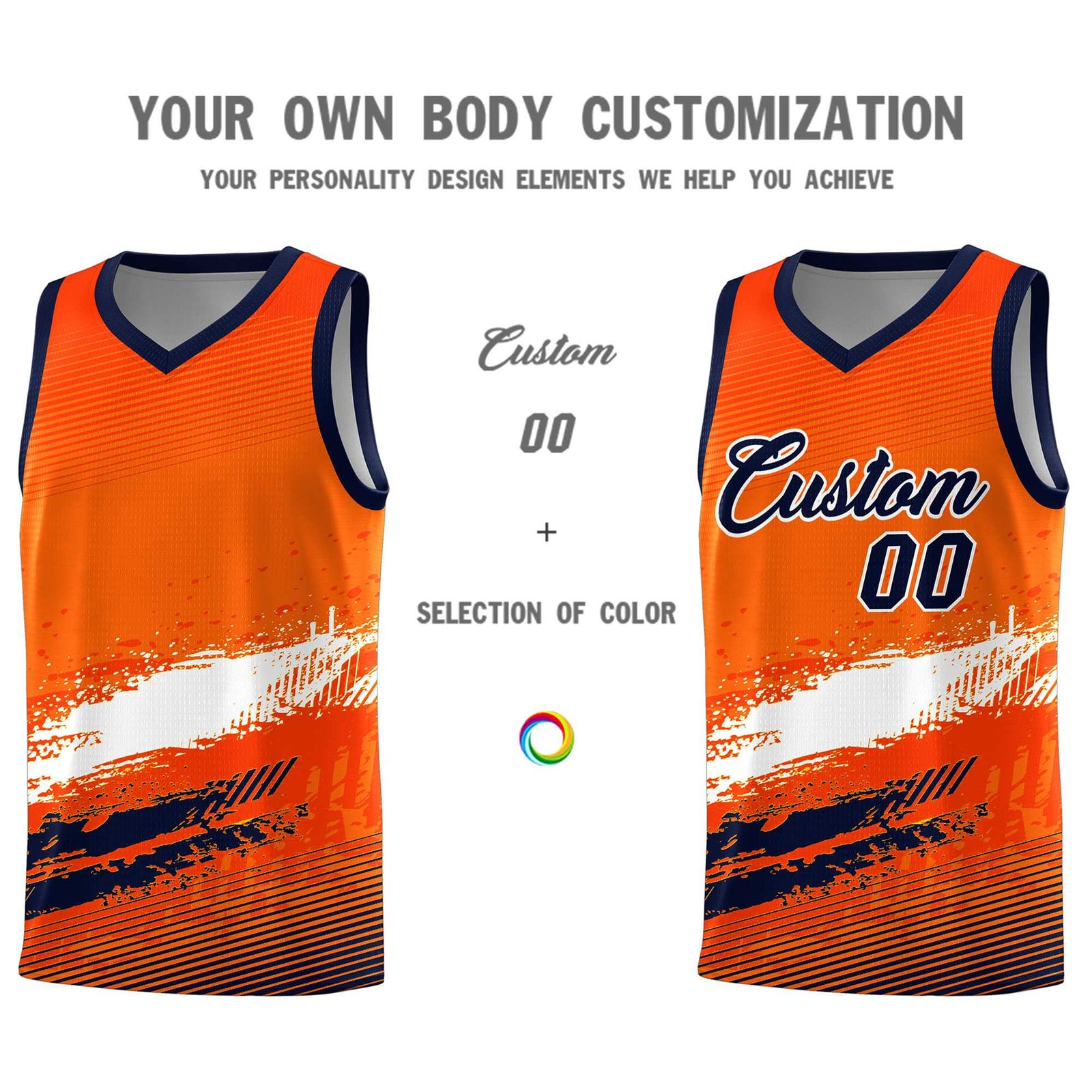 Custom Orange White and Navy Graffiti Pattern Sports Uniform Basketball Jersey